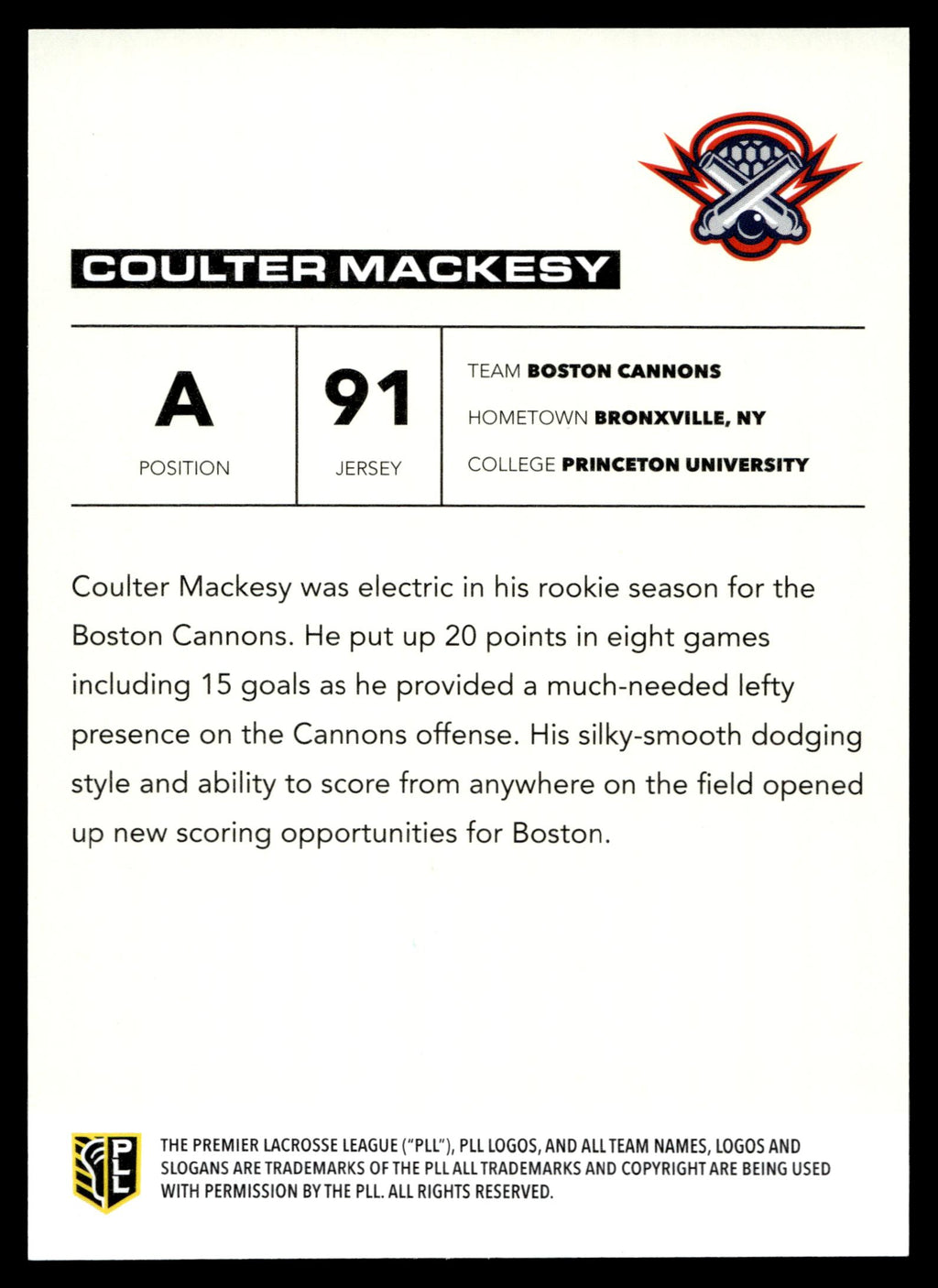 Coulter Mackesy 2025 PLL Flagship Boston Cannons Base Auto #7