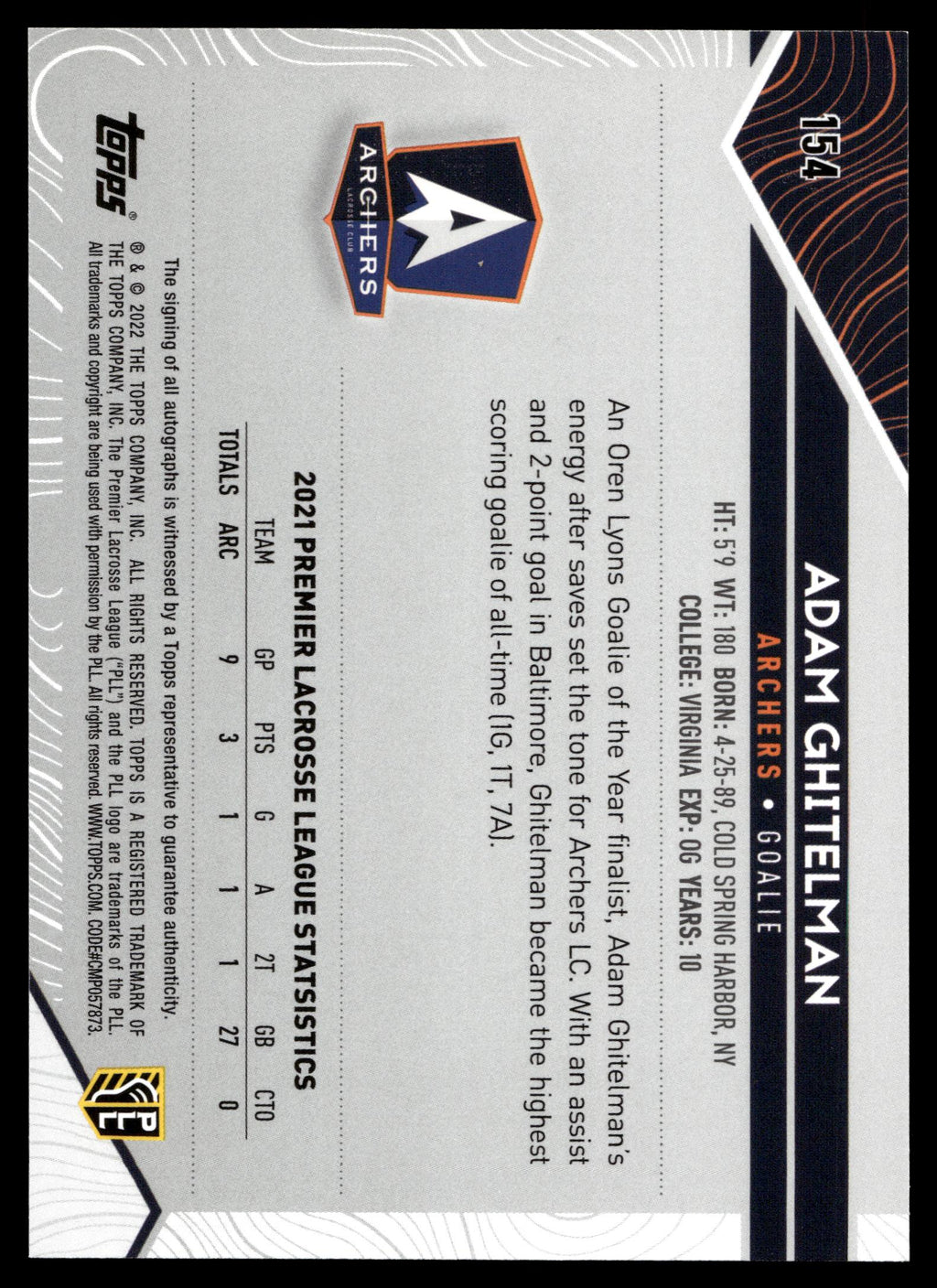 Adam Ghitelman 2022 Topps PLL Archers Base Auto #154