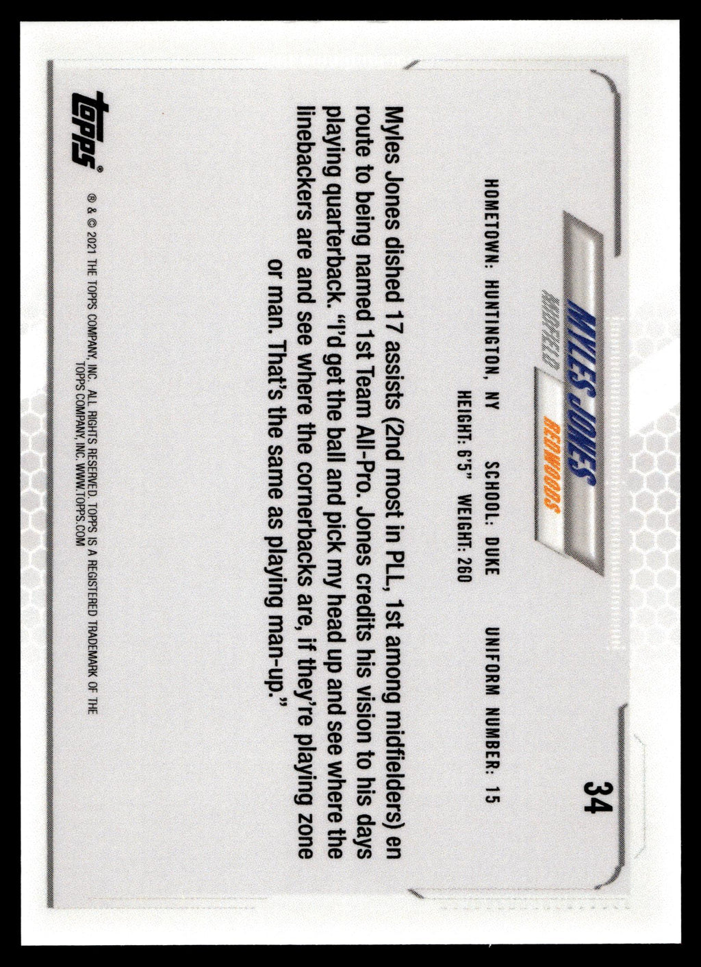 Myles Jones 2021 Topps PLL First Edition Redwoods #34