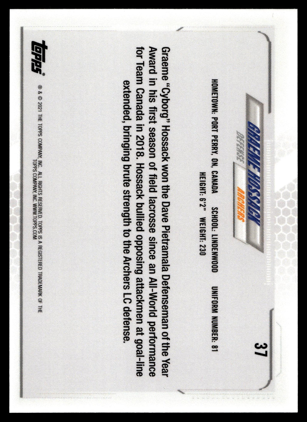 Graeme Hossack 2021 Topps PLL First Edition Archers #37