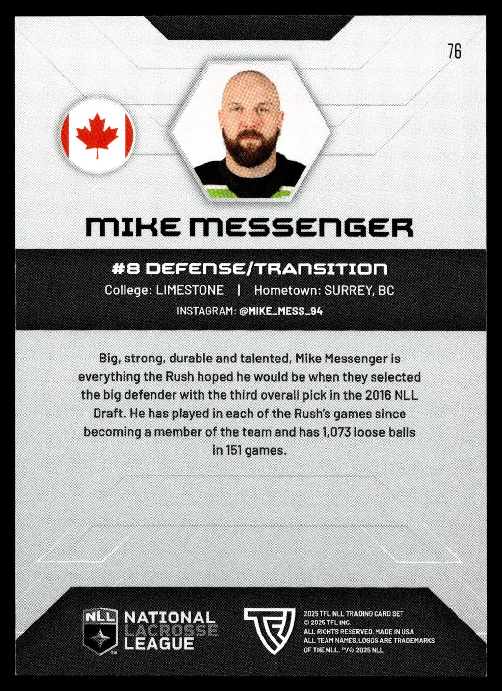 Mike Messenger 2025 TFL Sports NLL Sakatchewan Rush Color Match #76
