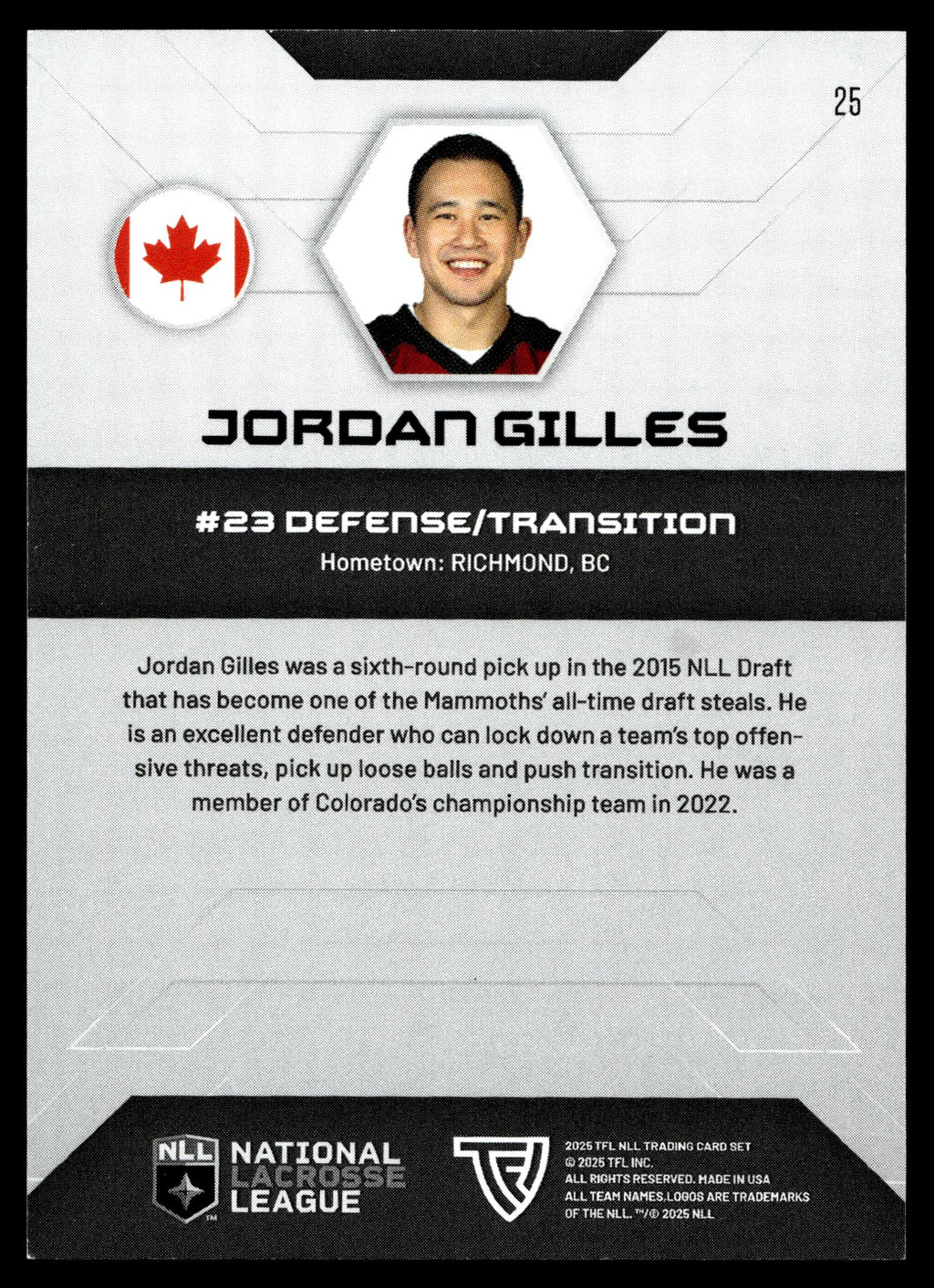 Jordan Gilles 2025 TFL Sports NLL Colorado Mammoth Color Match #25