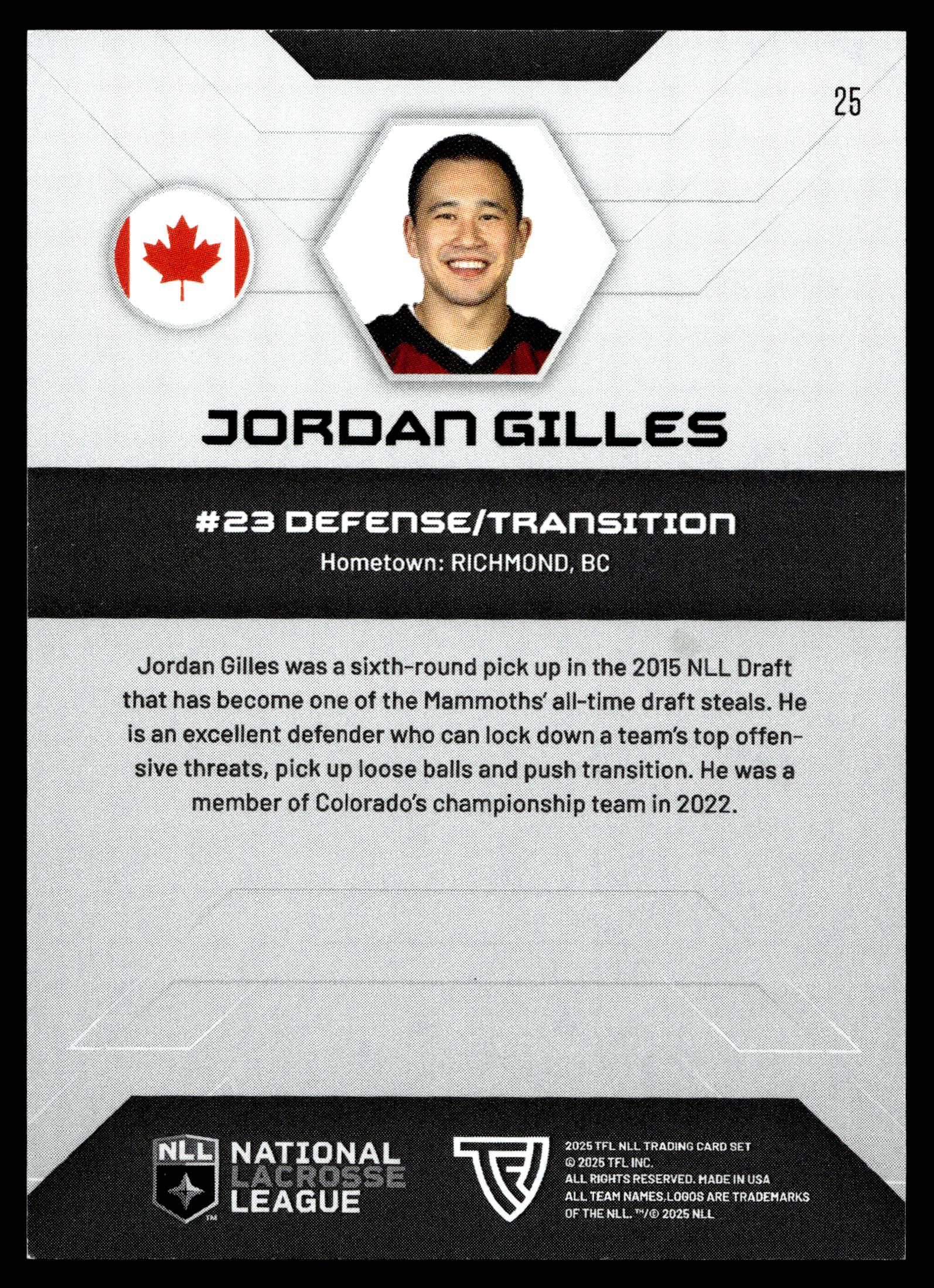 Jordan Gilles 2025 TFL Sports NLL Colorado Mammoth Color Match #25