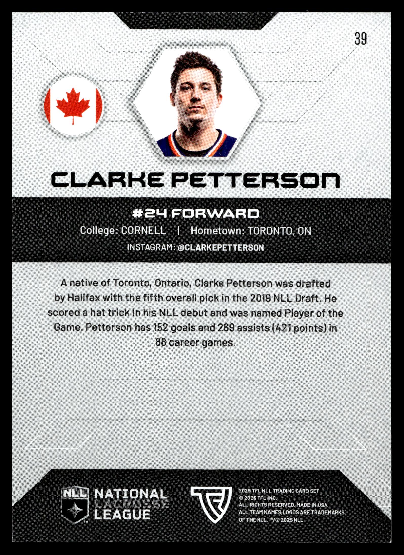 Clarke Petterson 2025 TFL Sports NLL Halifax Thunderbirds Color Match #39