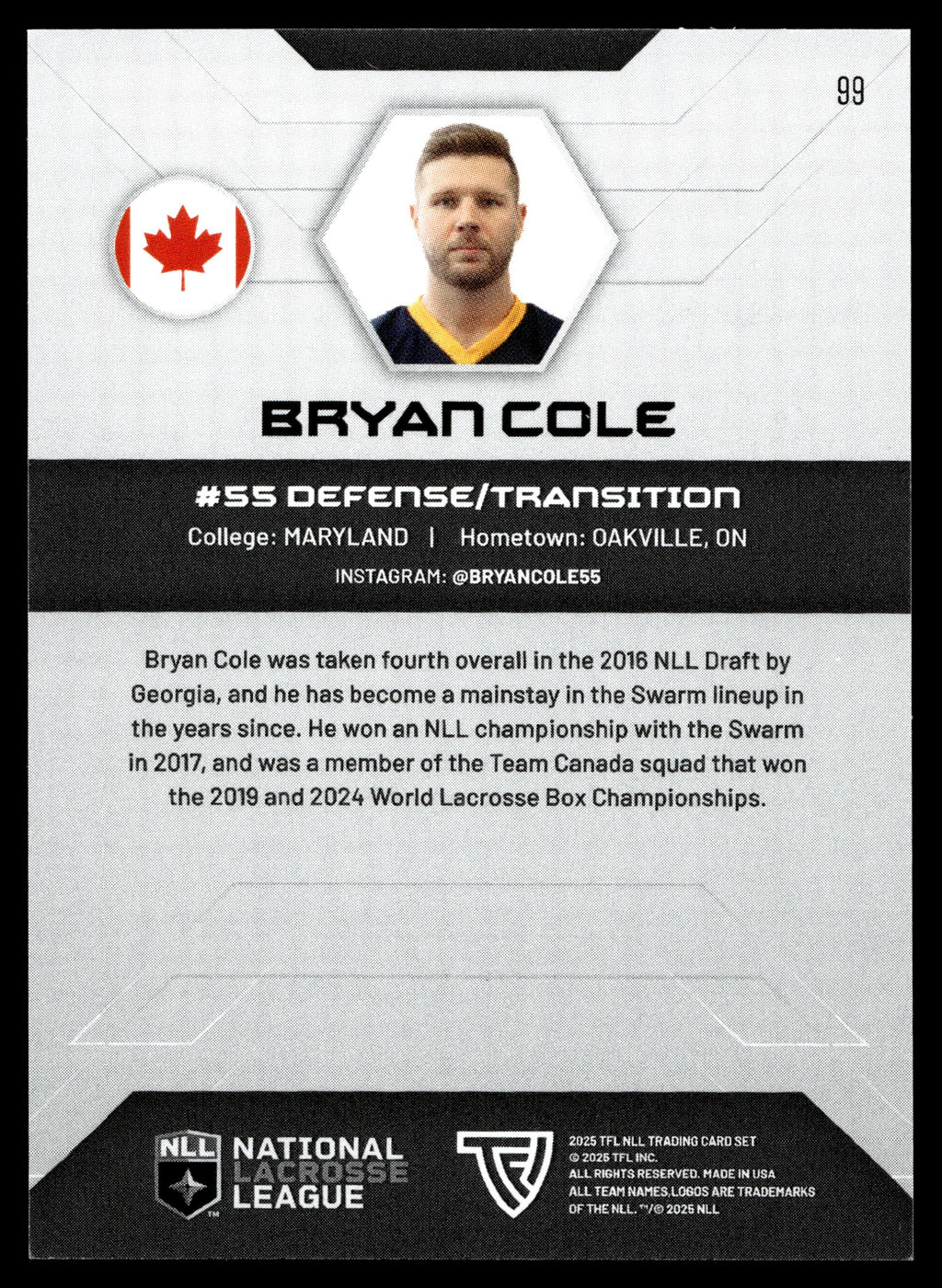 Bryan Cole 2025 TFL Sports NLL Georgia Swarm Color Match #99
