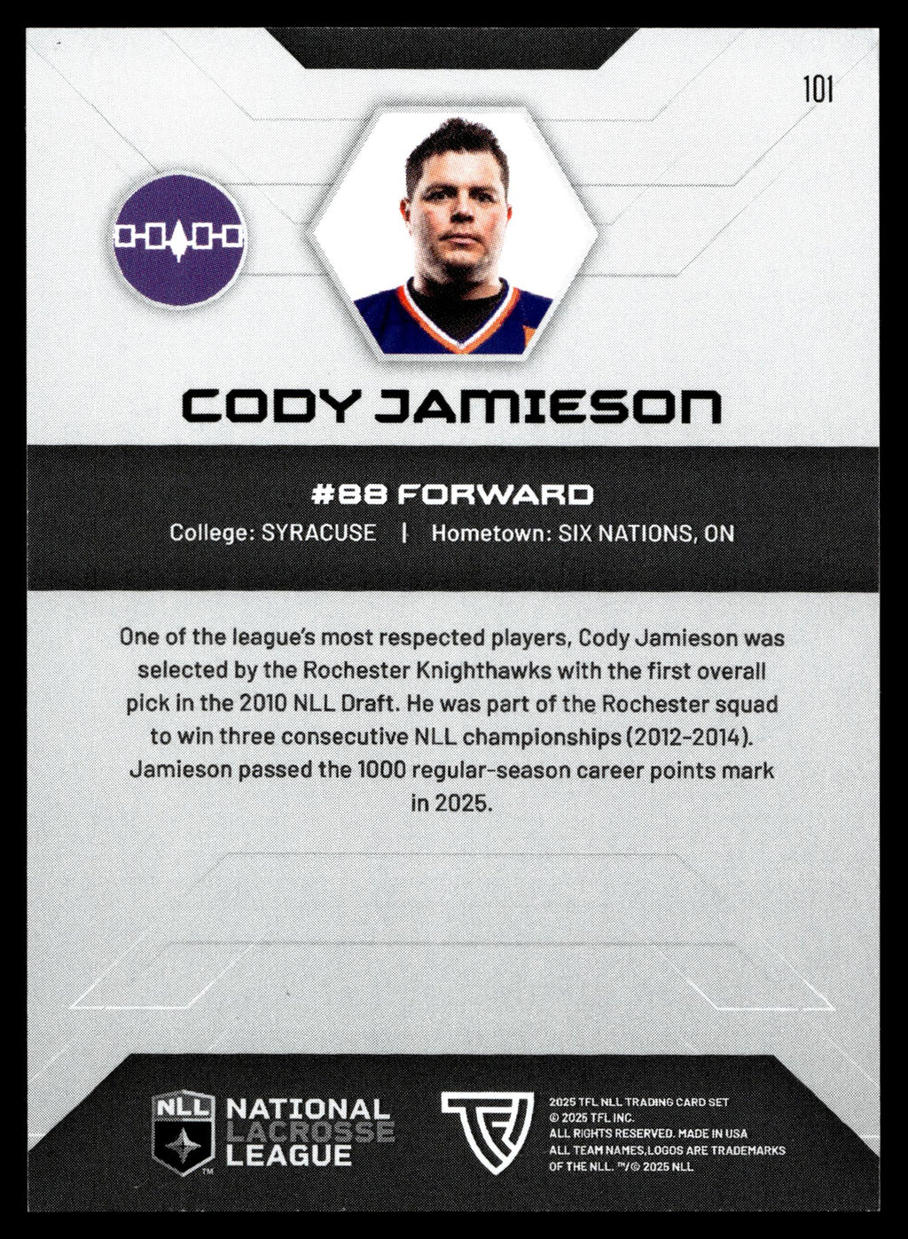 Cody Jamieson 2025 TFL Sports NLL Halifax Thunderbirds Color Match #101