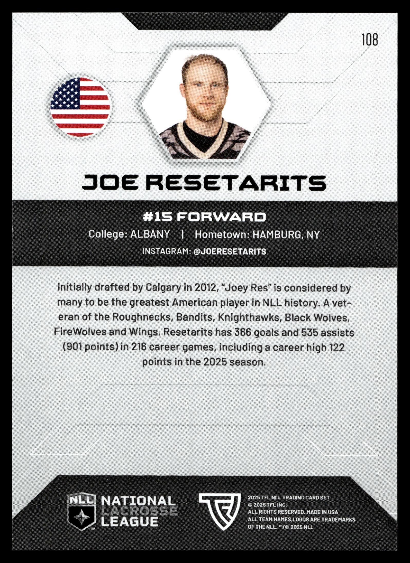 Joe Resetarits 2025 TFL Sports NLL Philadelphia Wings Color Match #108