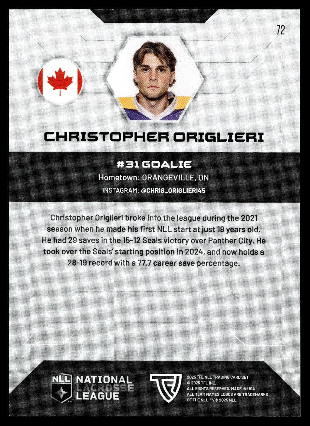 Christopher Origlieri 2025 TFL Sports NLL San Diego Seals Color Match #72