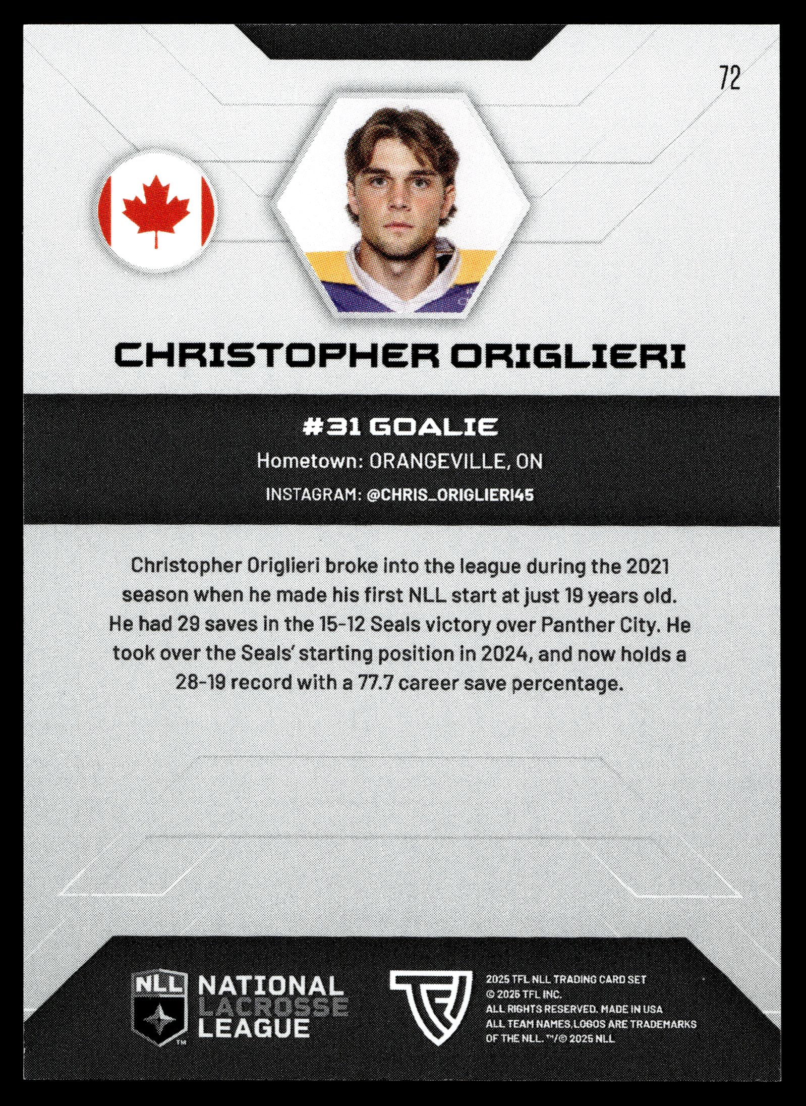 Christopher Origlieri 2025 TFL Sports NLL San Diego Seals Color Match #72