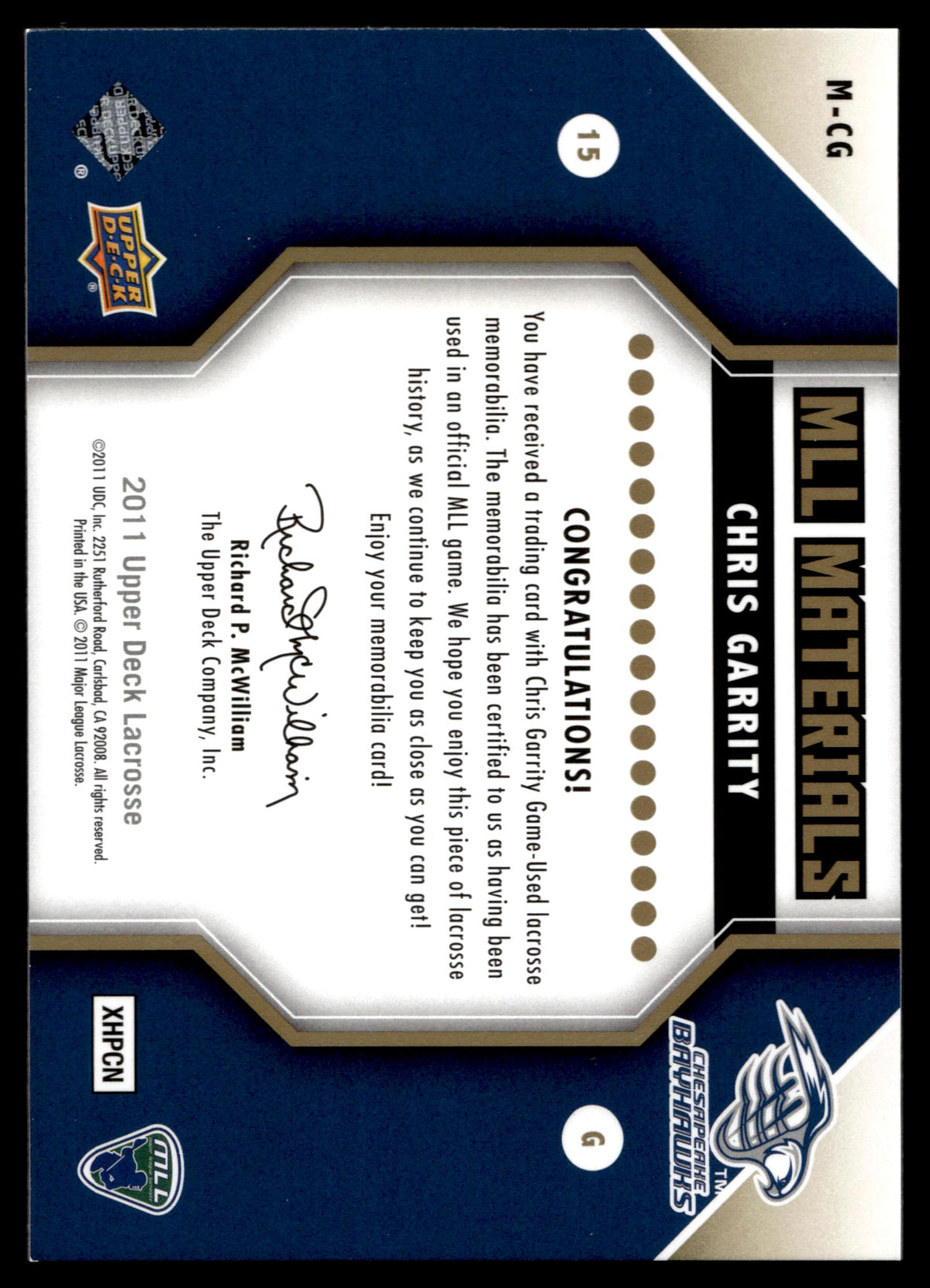 Chris Garrity 2011 Upper Deck MLL Materials Chesapeake Bayhawks #M-CG