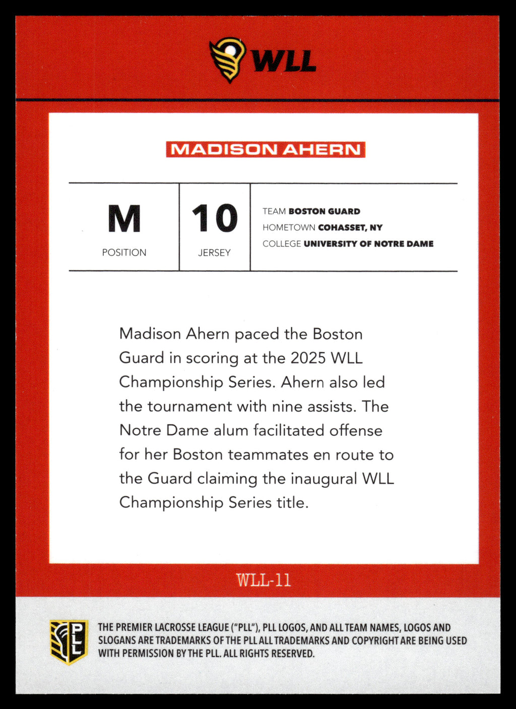 Madison Ahern 2026 PLL Fieldside II Boston Gaurd WLL Insert #WLL-11