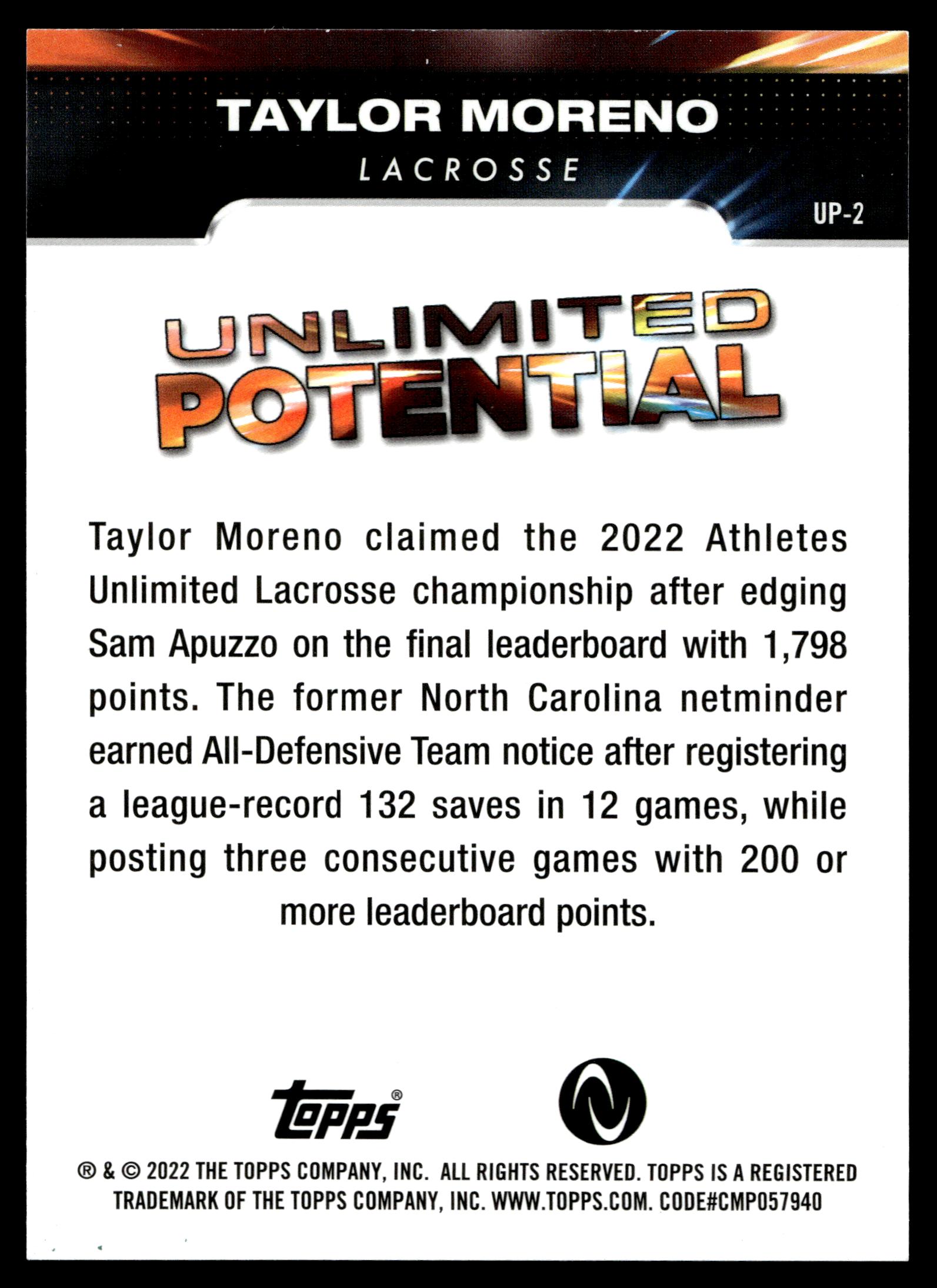 Taylor Moreno 2023 Topps Athletes Unlimited Lacrosse Unlimited Potential #UP-2