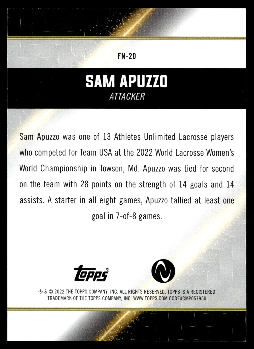 Sam Apuzzo 2022 Topps Athletes Unlimited Face of the Nation #FN-20