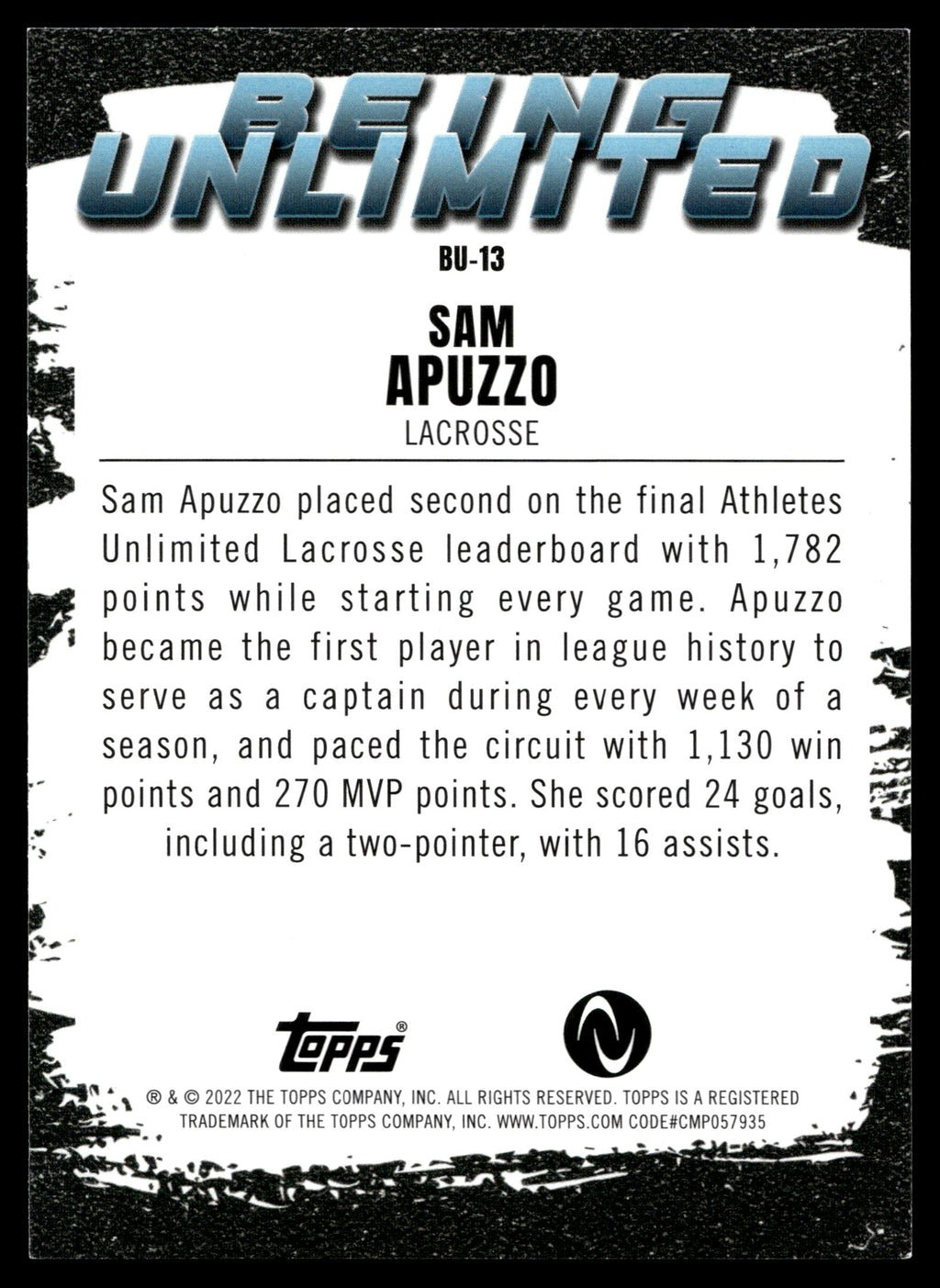 Sam Apuzzo 2022 Topps Athletes Unlimited Being Unlimited #BU-13