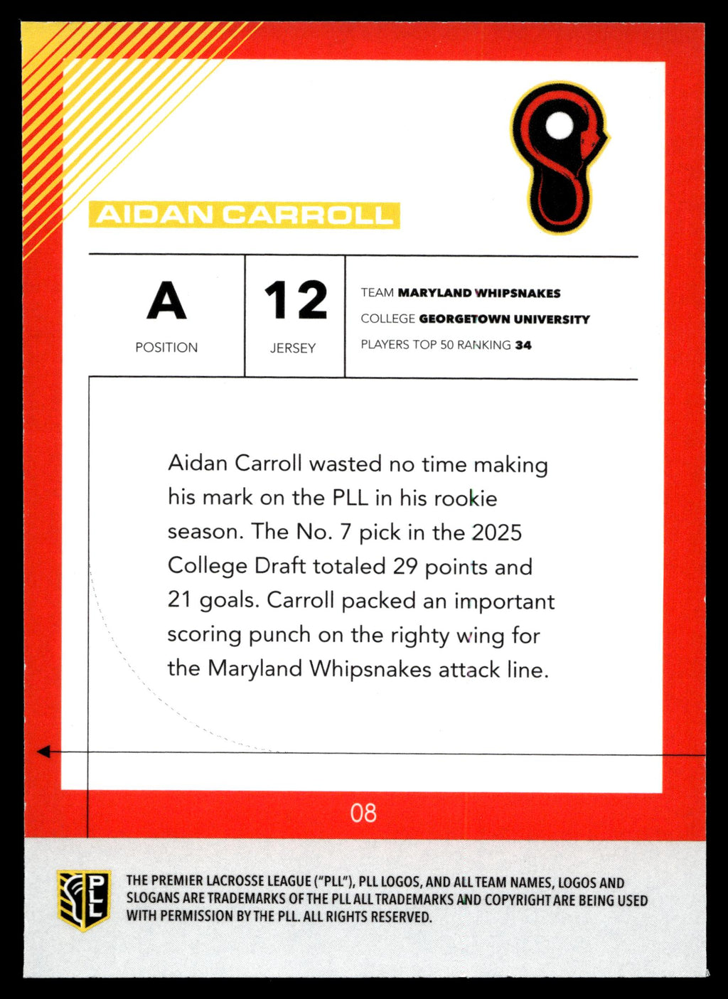 Aidan Carroll 2026 PLL Fieldside II Maryland Whipsnakes Matte Finish #08