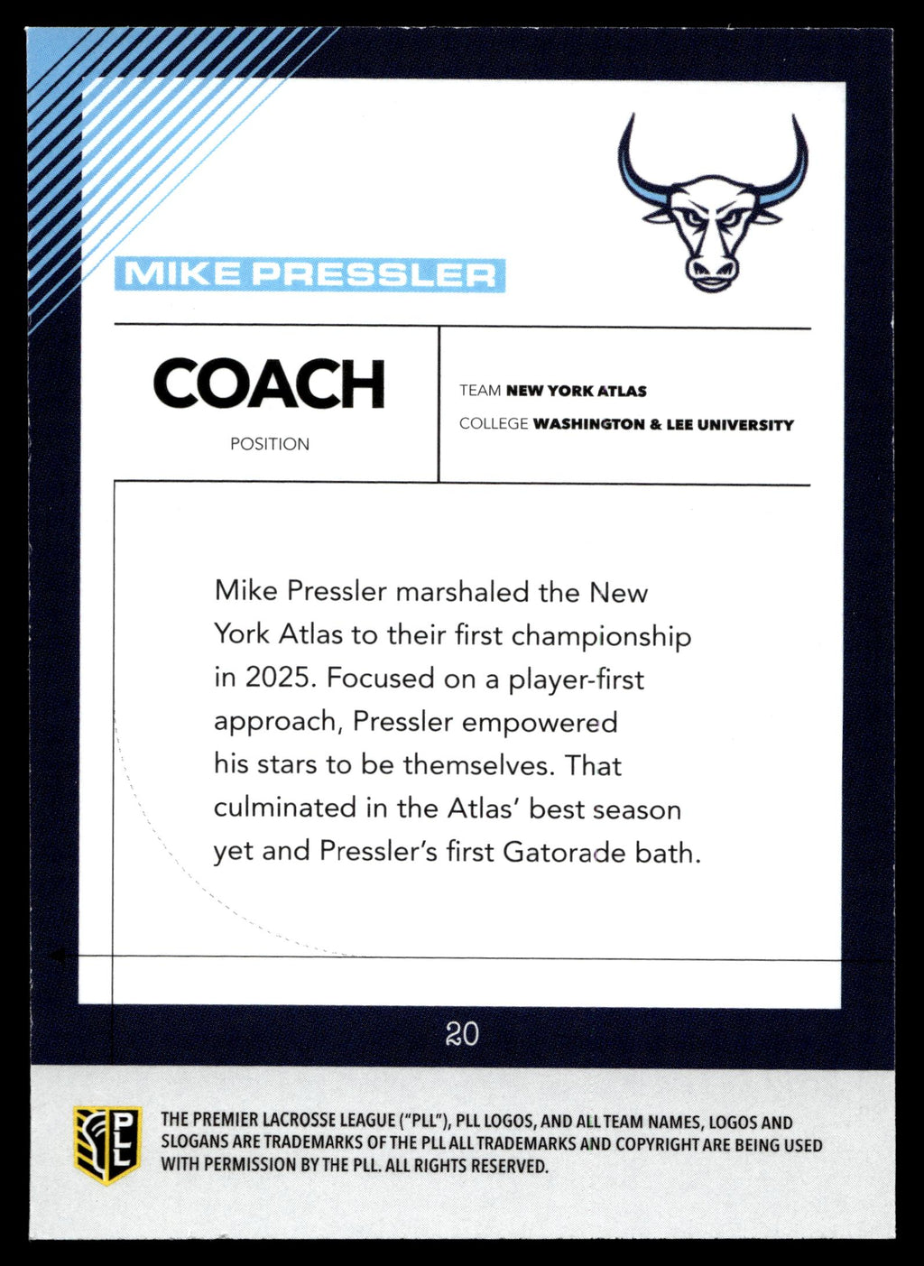 Mike Pressler 2026 PLL Fieldside II New York Atlas Matte Finish #20