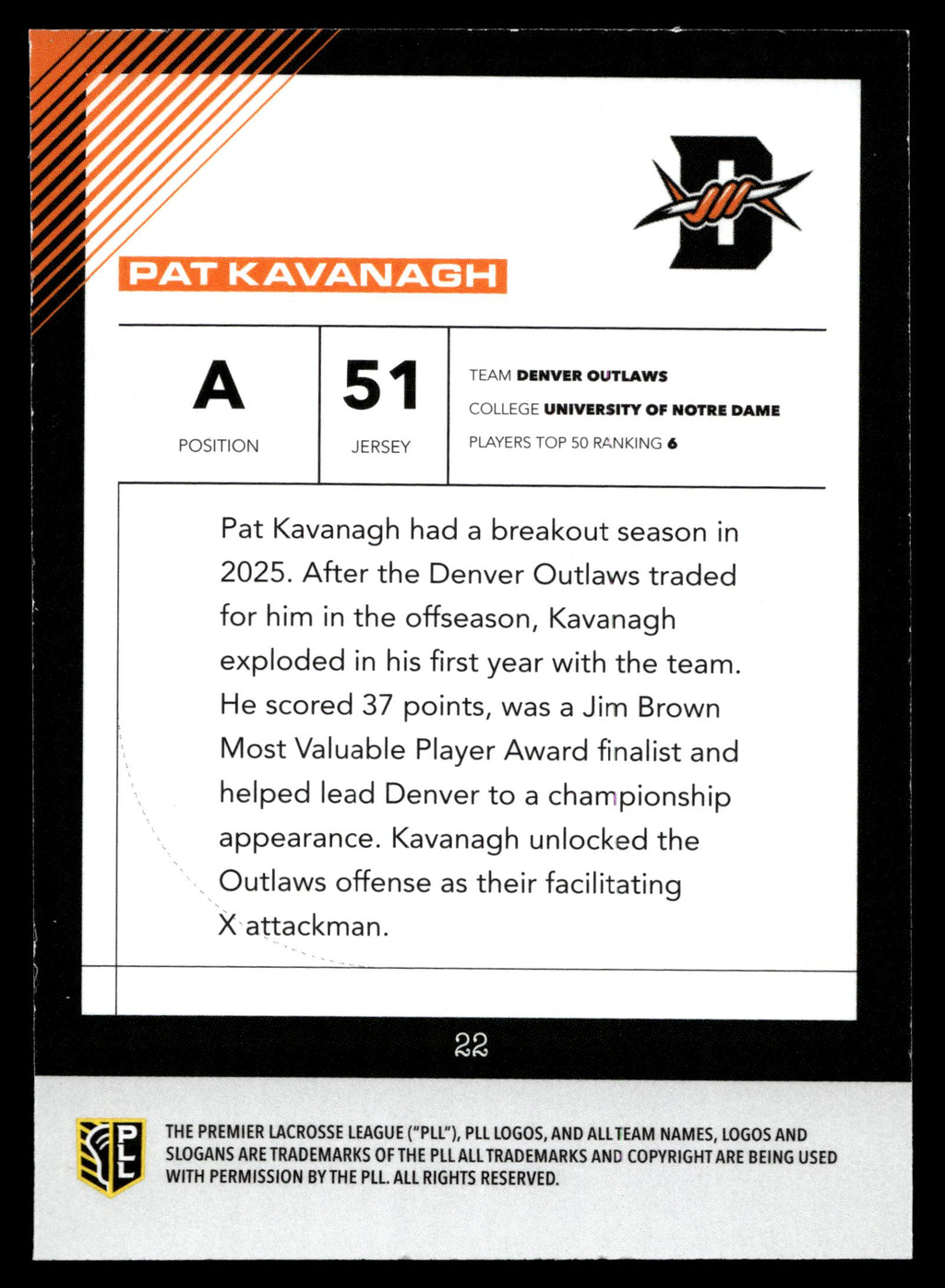 Pat Kavanagh 2026 PLL Fieldside II Denver Outlaws Matte Finish #22