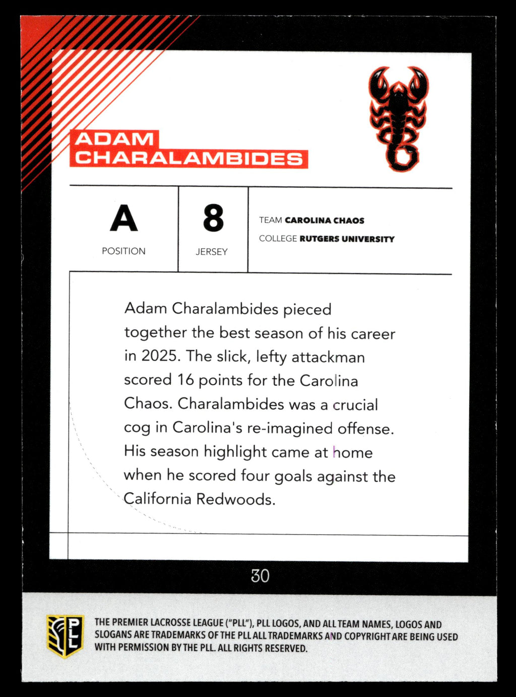 Adam Charalambides 2026 PLL Fieldside II Carolina Chaos Matte Finish #30