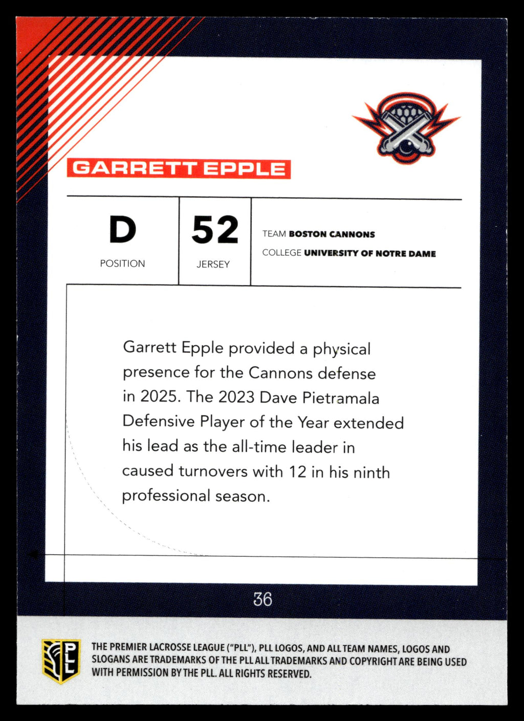 Garrett Epple 2026 PLL Fieldside II Boston Cannons Matte Finish #36