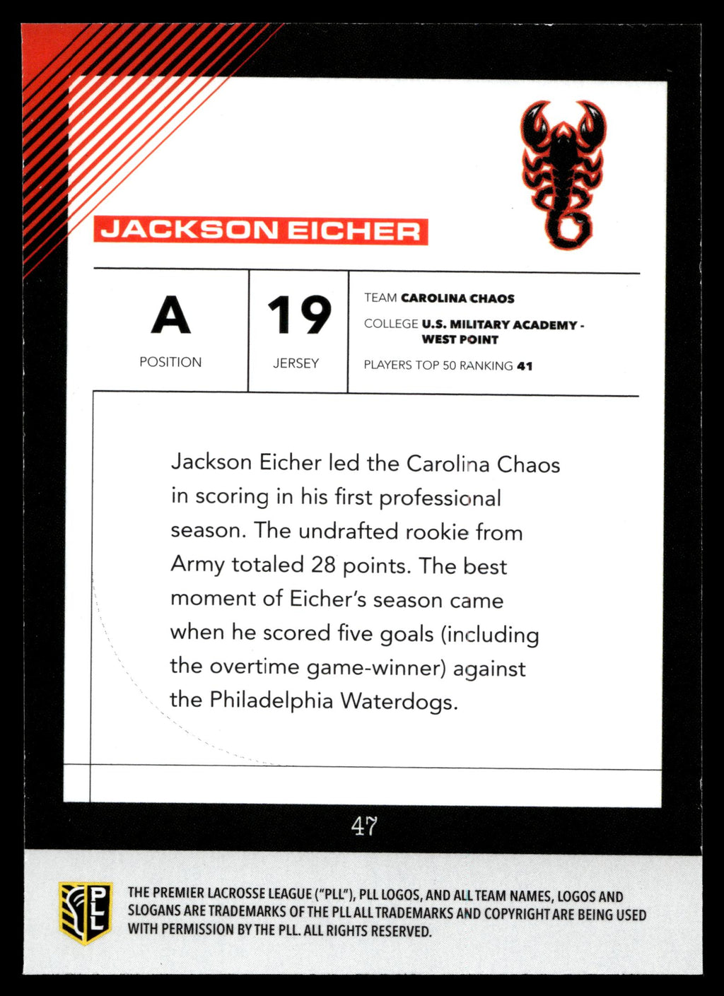 Jackson Eicher 2026 PLL Fieldside II Carolina Chaos Matte Finish #47
