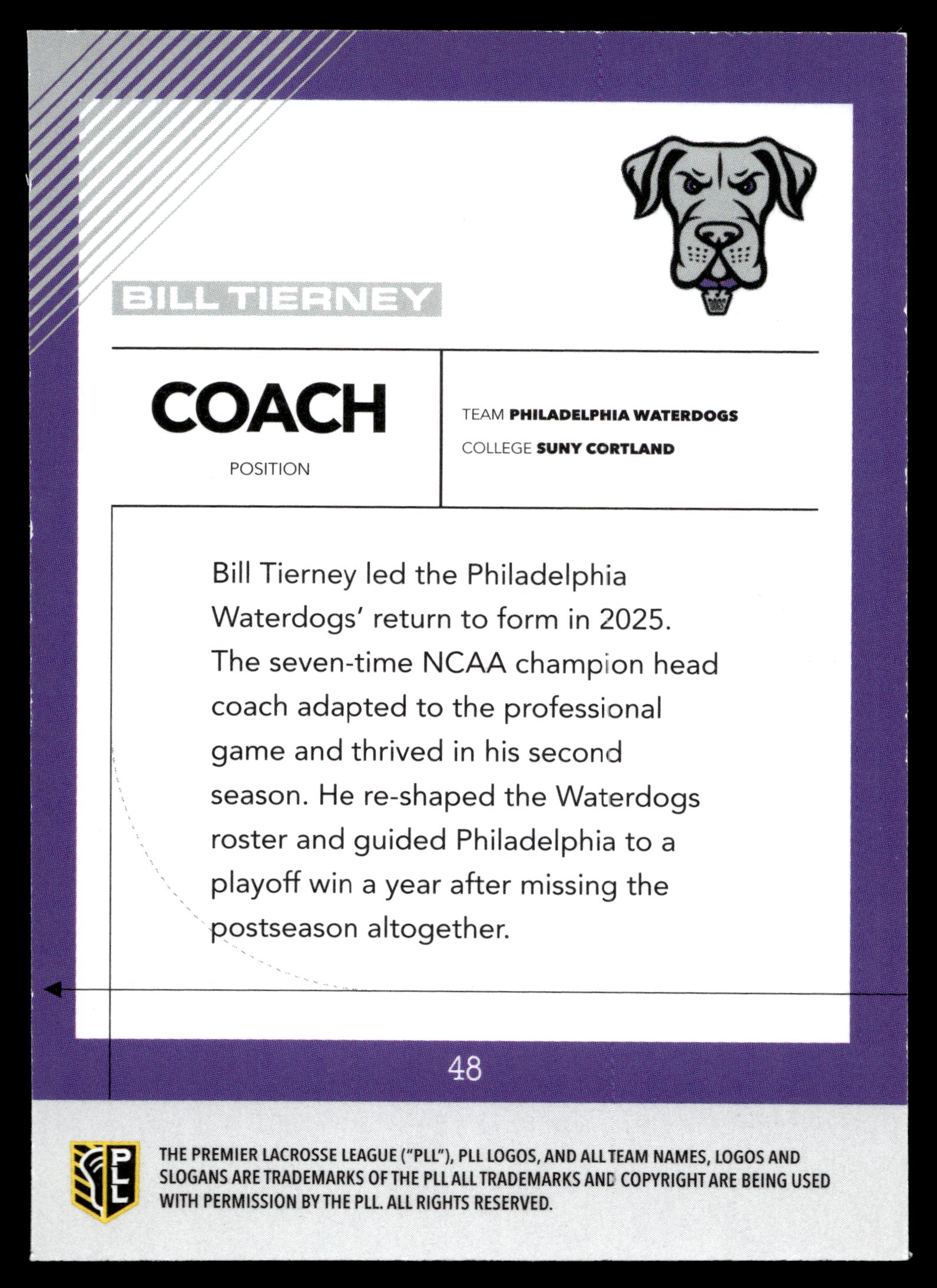 Bill Tierney 2026 PLL Fieldside II Philadelphia Waterdogs Matte Finish #48