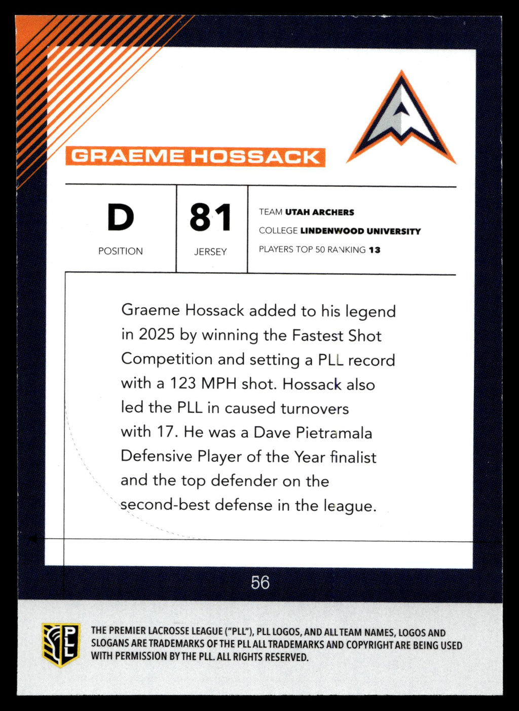 Graeme Hossack 2026 PLL Fieldside II Utah Archers Matte Finish #56