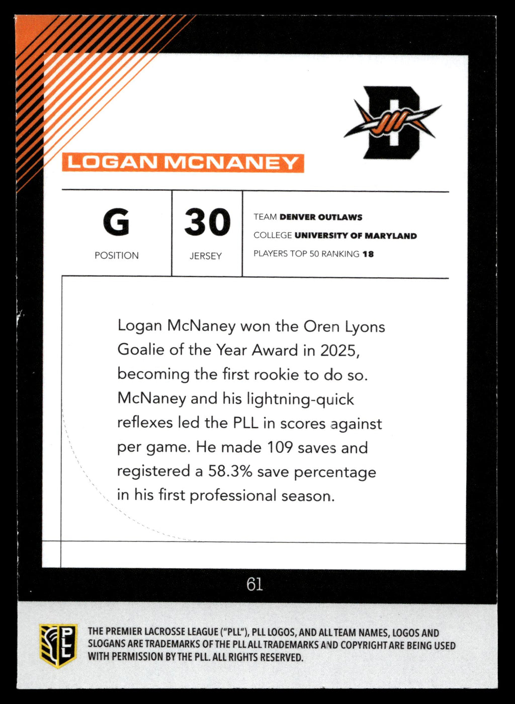 Logan McNaney 2026 PLL Fieldside II Denver Outlaws Matte Finish #61