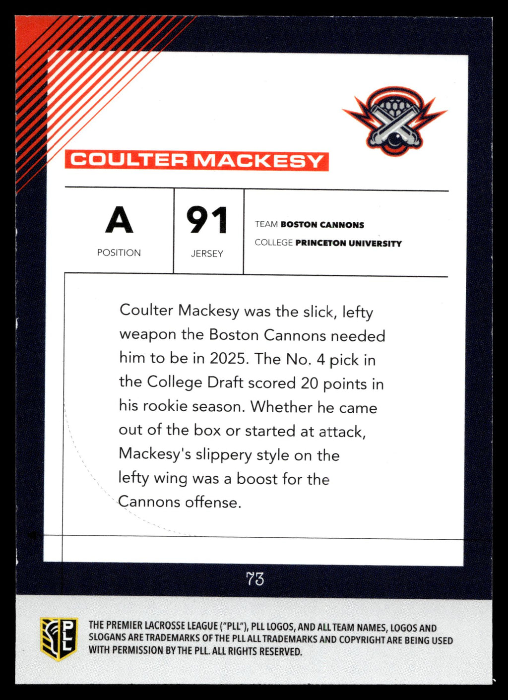 Coulter Mackesy 2026 PLL Fieldside II Boston Cannons Matte Finish #73