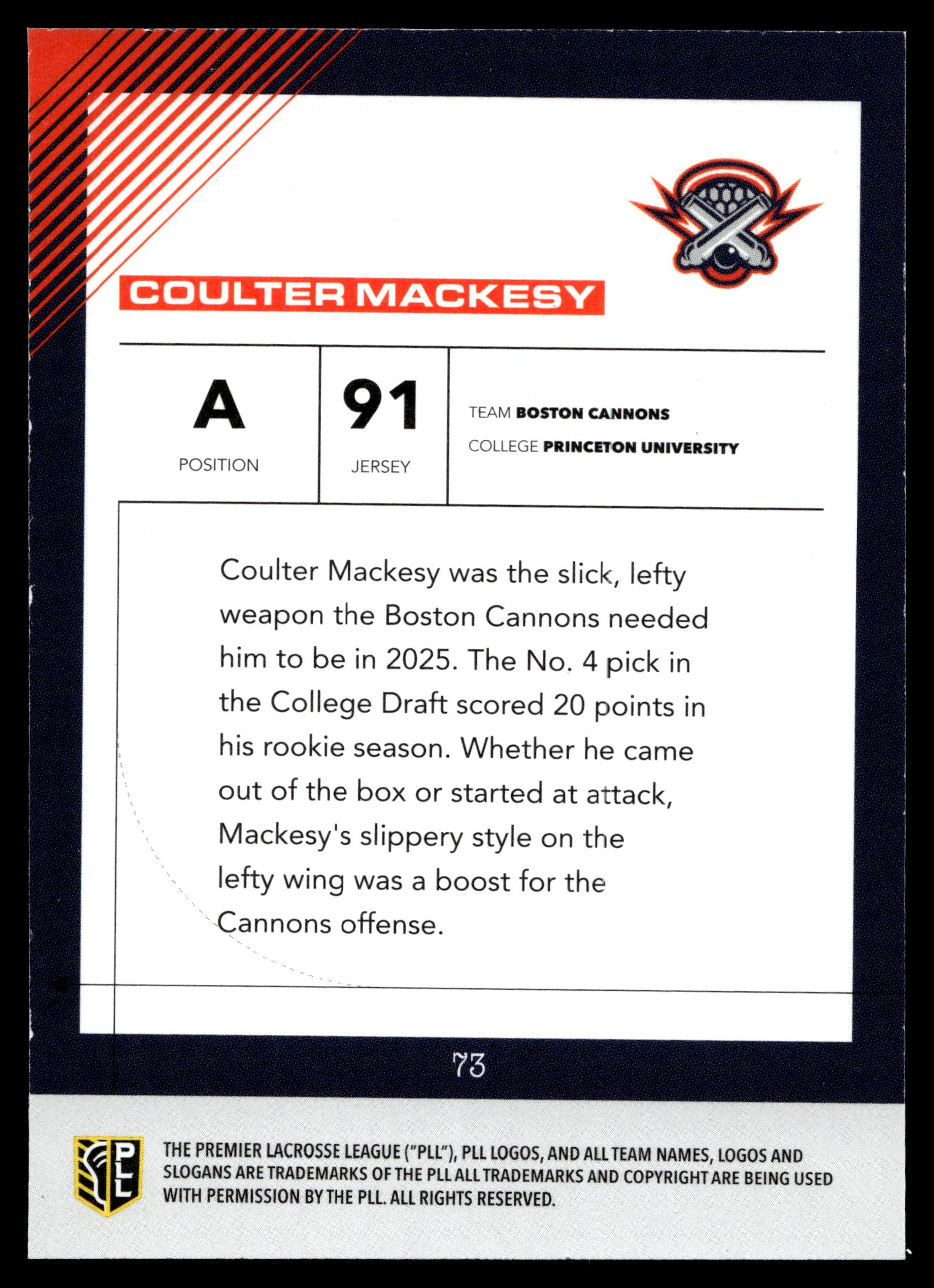 Coulter Mackesy 2026 PLL Fieldside II Boston Cannons Matte Finish #73