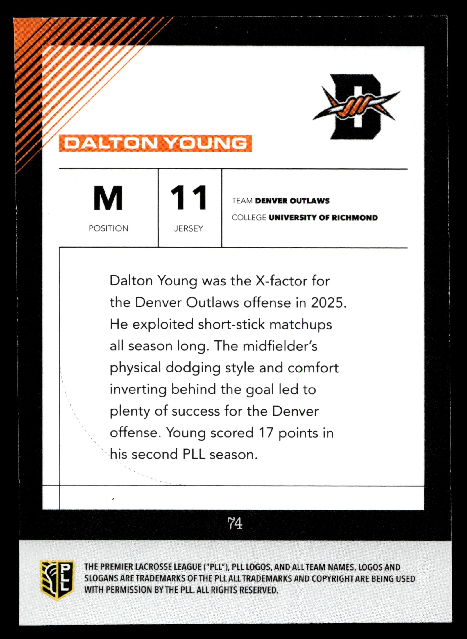 Dalton Young 2026 PLL Fieldside II Denver Outlaws Matte Finish #74