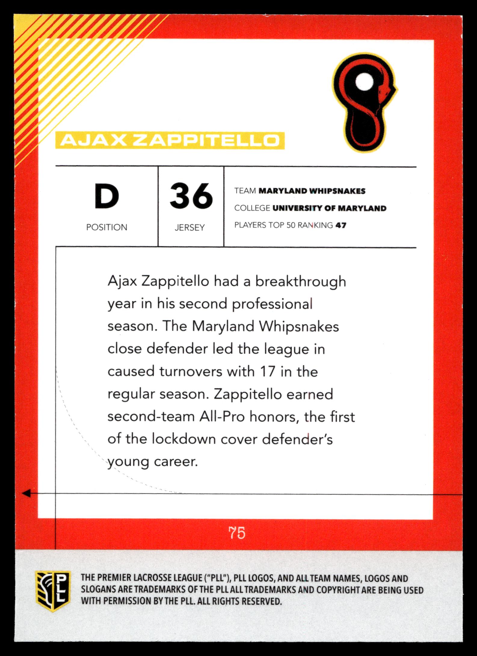 Ajax Zappitello 2026 PLL Fieldside II Maryland Whipsnakes Matte Finish #75