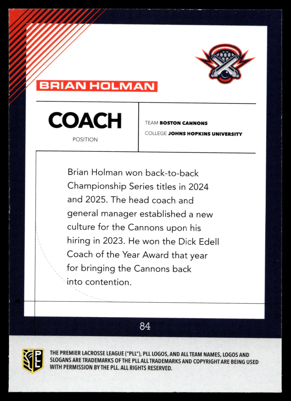 Brian Holman 2026 PLL Fieldside II Boston Cannons Matte Finish #84