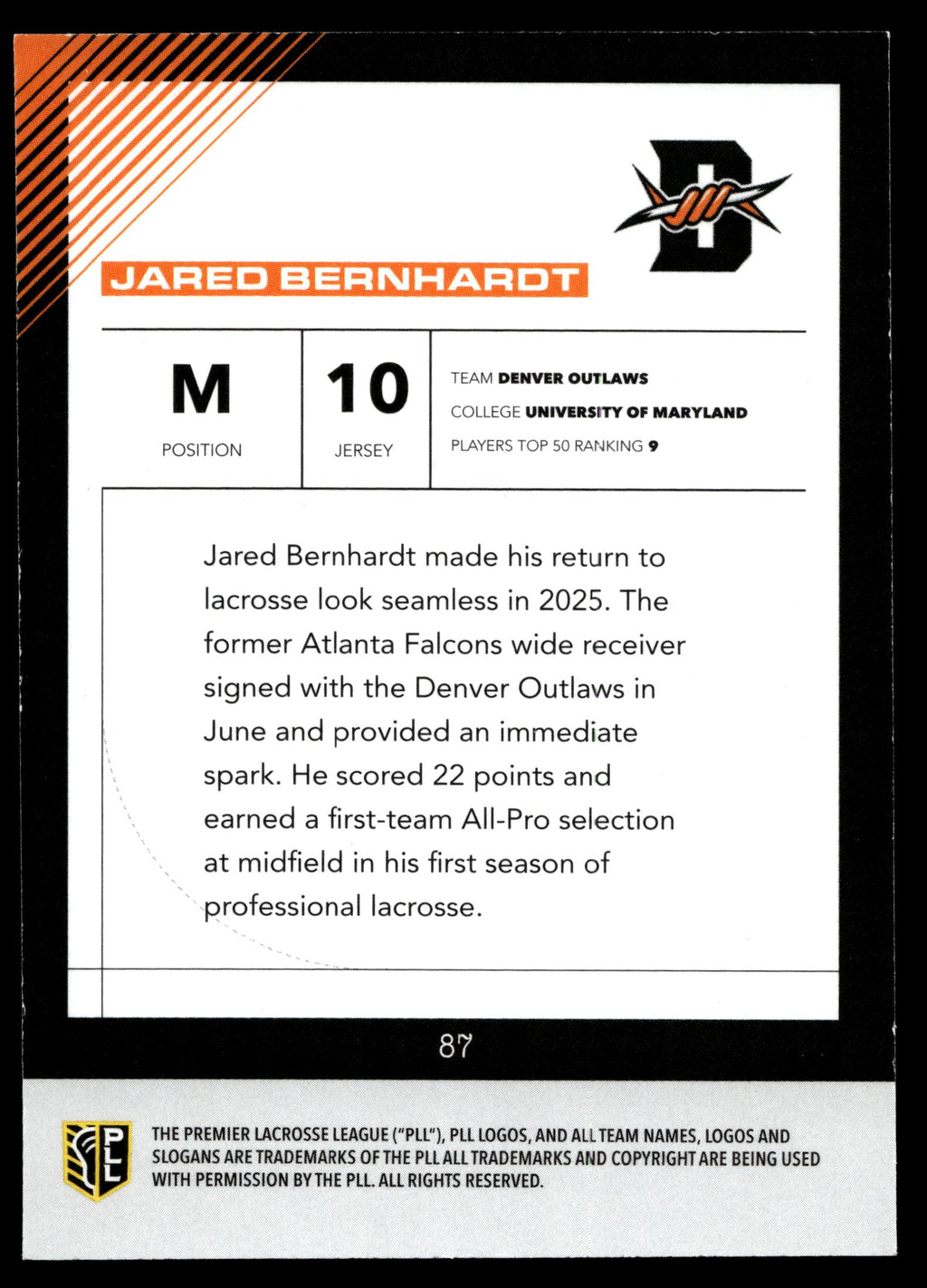 Jared Bernhardt 2026 PLL Fieldside II Denver Outlaws Matte Finish #87