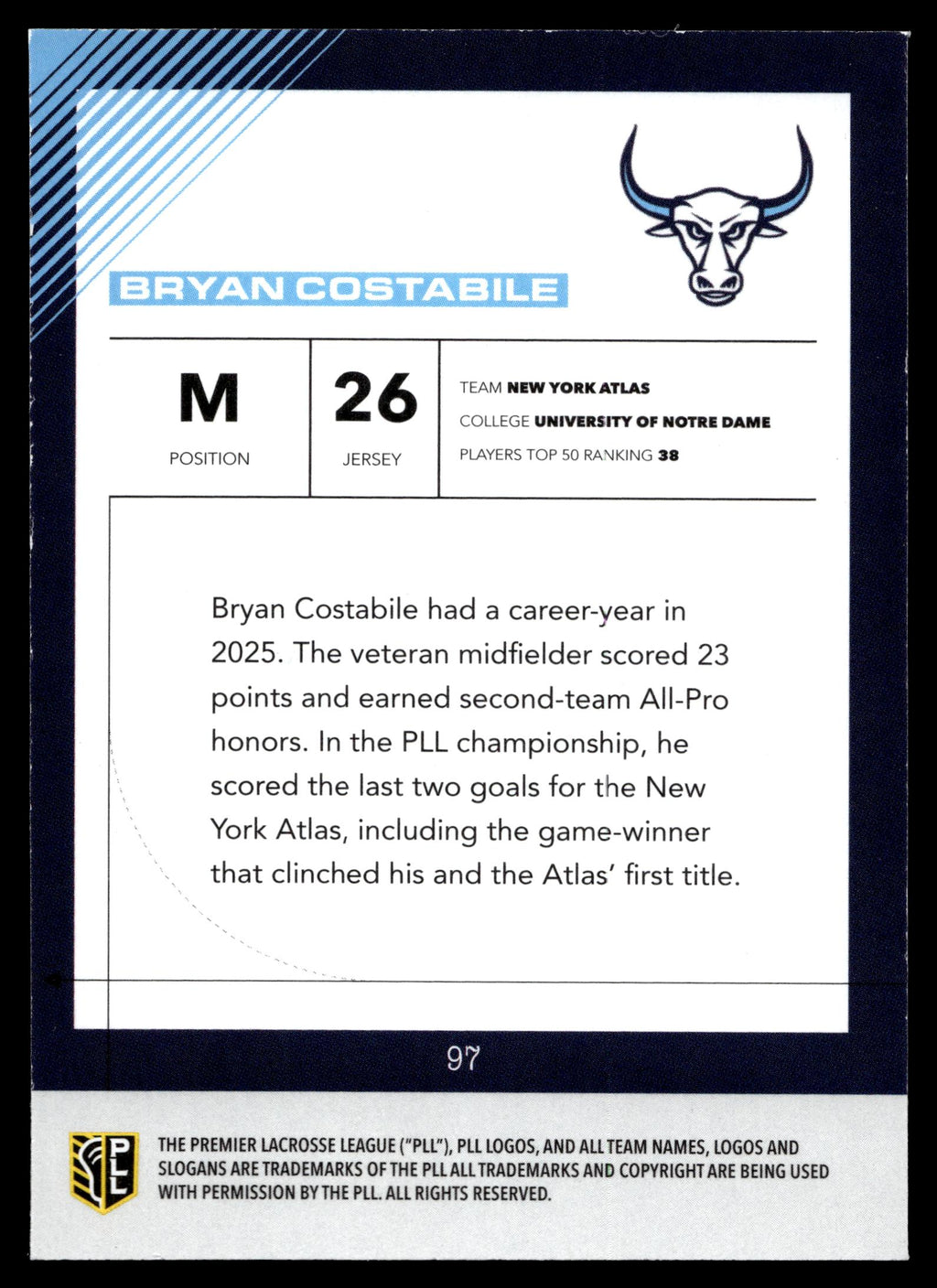 Bryan Costabile 2026 PLL Fieldside II New York Atlas Matte Finish #97