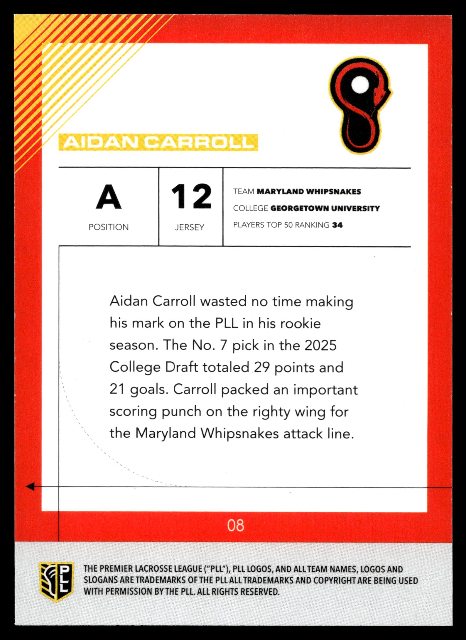 Aidan Carroll 2026 PLL Fieldside II Maryland Whipsnakes Base Auto #08