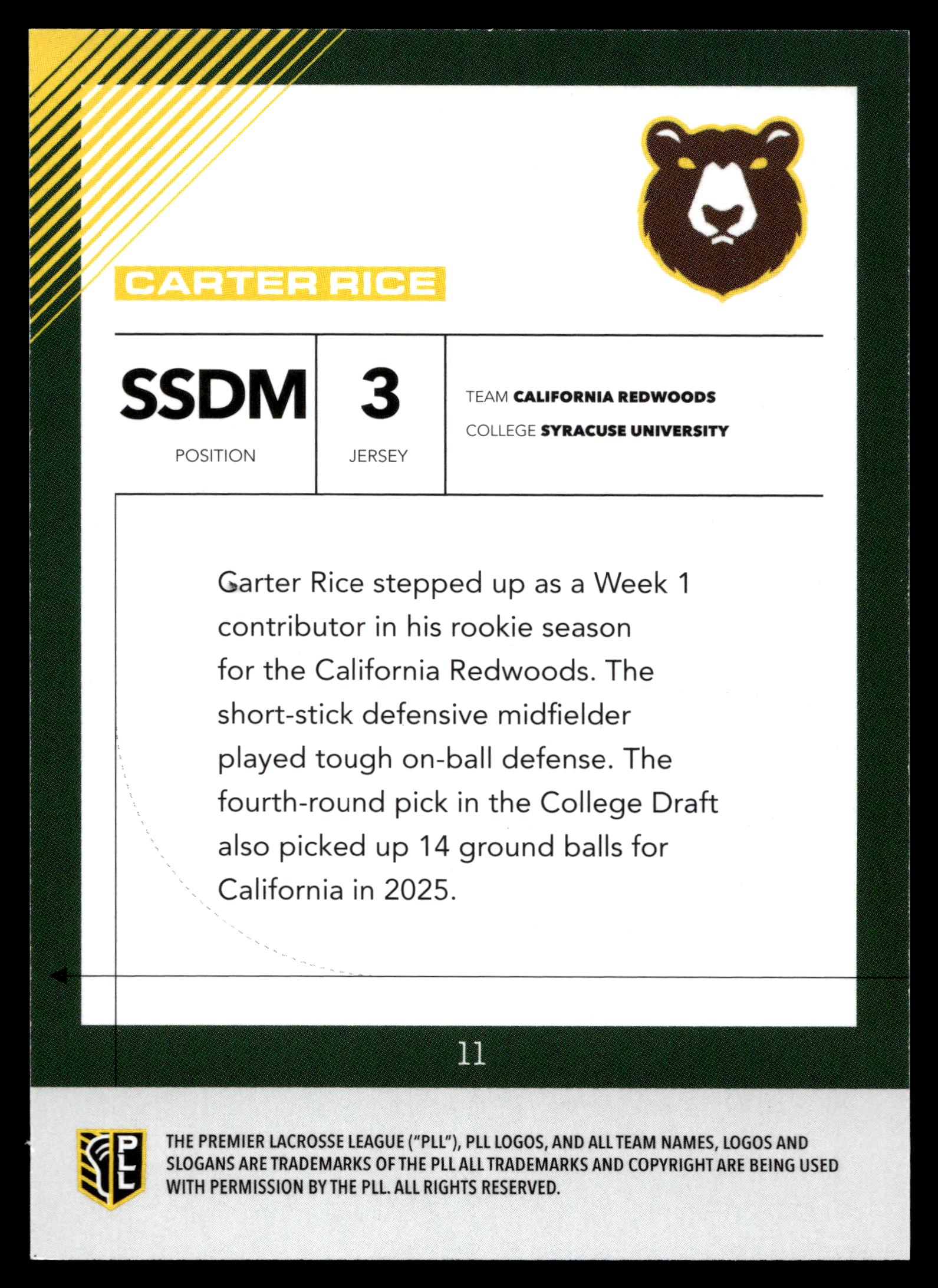 Carter Rice 2026 PLL Fieldside II California Redwoods Base Auto #11