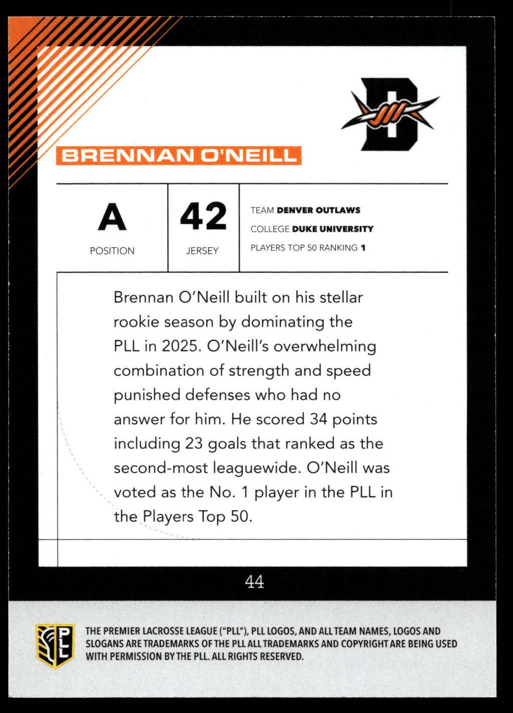 Brennan O'Neill 2026 PLL Fieldside II Denver Outlaws Base Auto #44