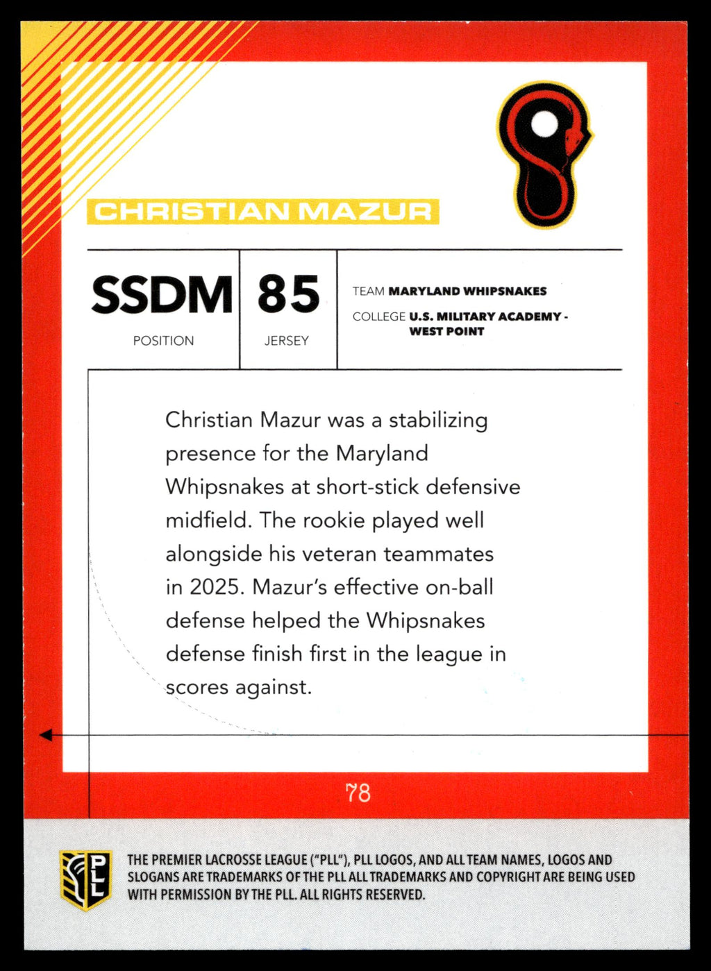 Christian Mazur 2026 PLL Fieldside II Maryland Whipsnakes Base Auto #78