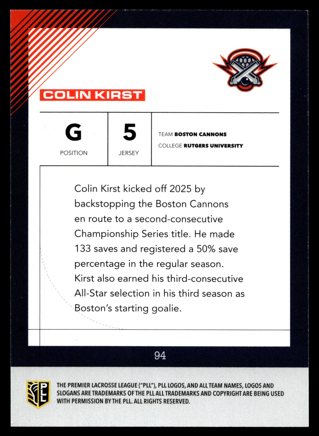 Colin Kirst 2026 PLL Fieldside II Boston Cannons Base Auto #94