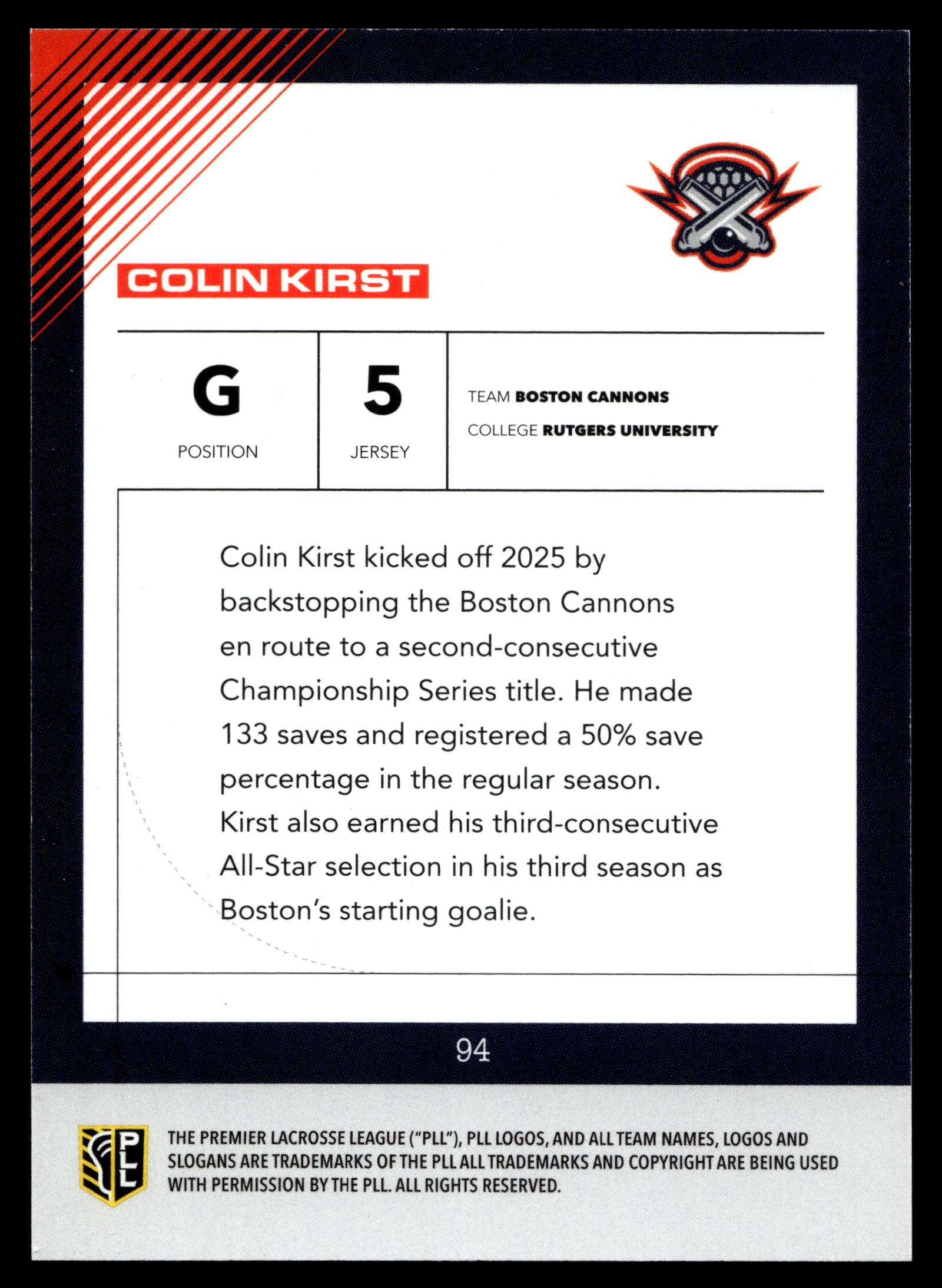 Colin Kirst 2026 PLL Fieldside II Boston Cannons Base Auto #94