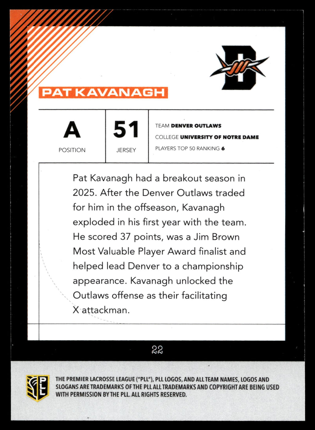 Pat Kavanagh 2026 PLL Fieldside II Denver Outlaws B&W 31/50 #22