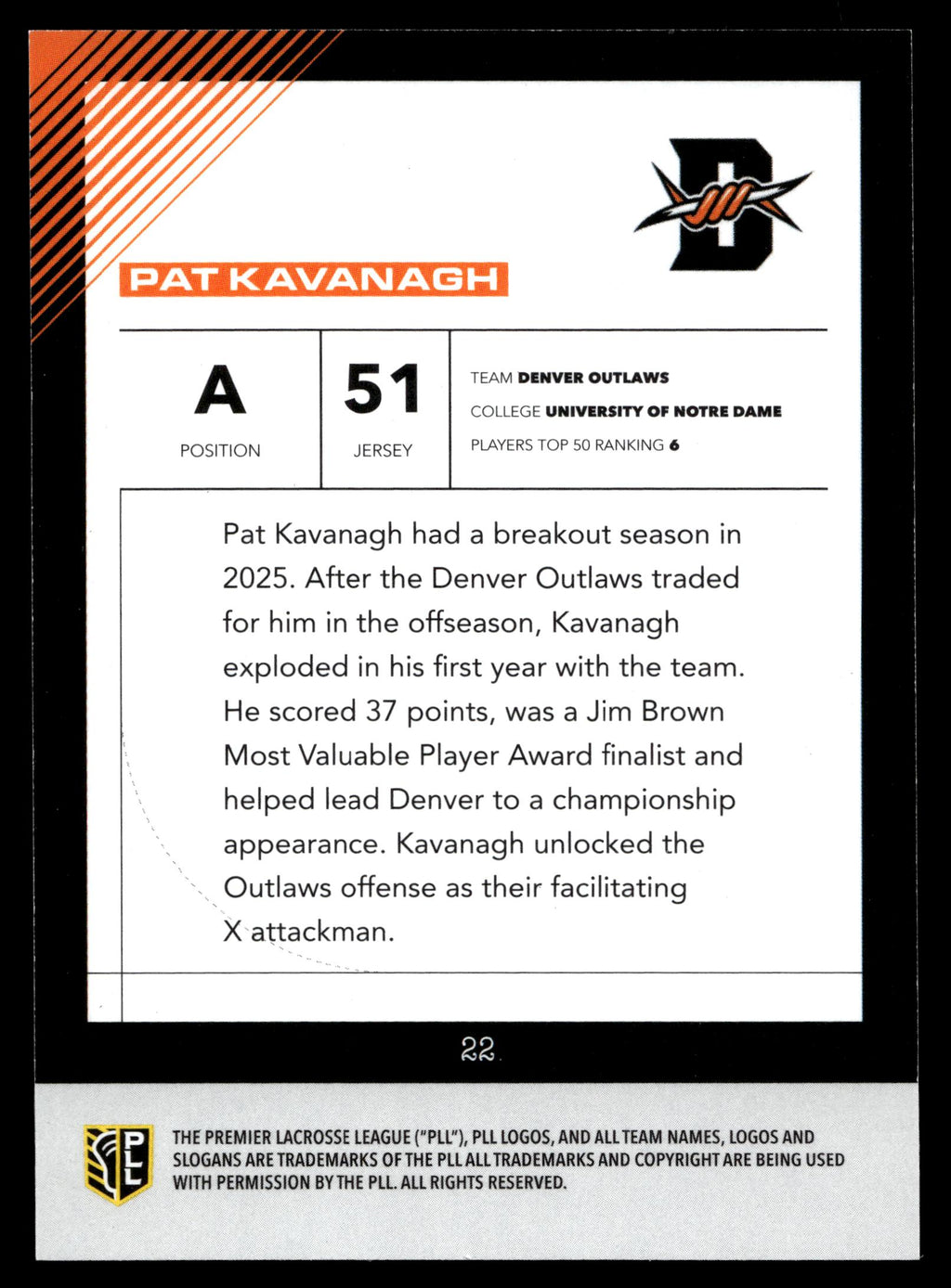 Pat Kavanagh 2026 PLL Fieldside II Denver Outlaws B&W 35/50 #22