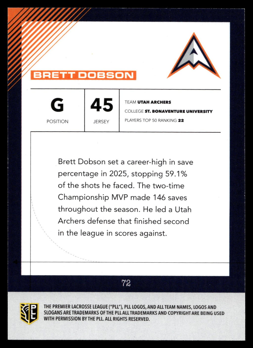 Brett Dobson 2026 PLL Fieldside II Utah Archers B&W 24/50 #72