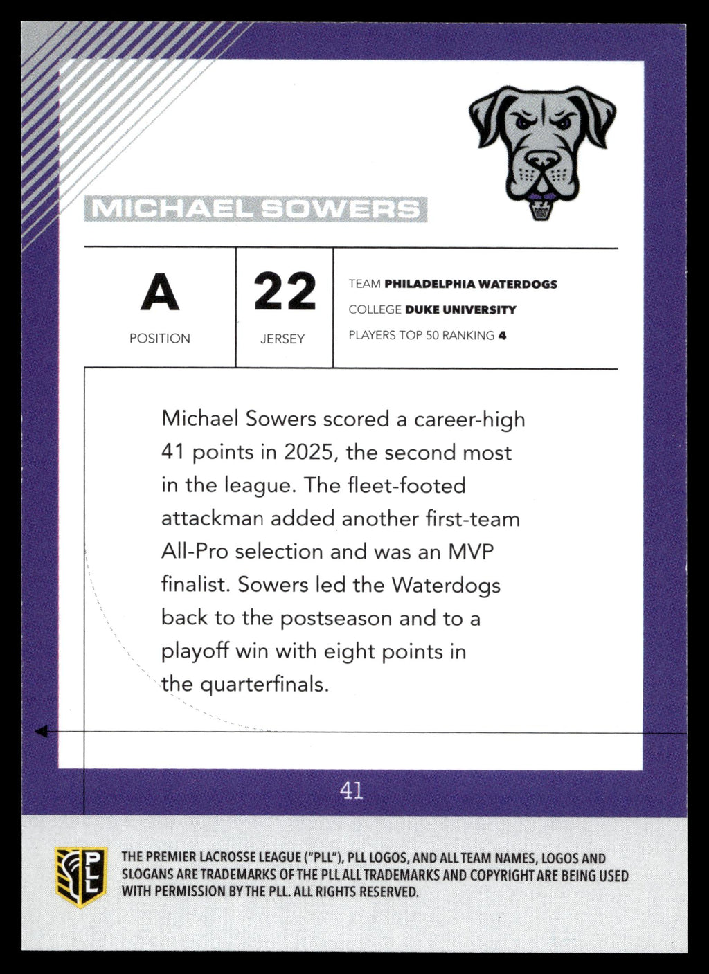Michael Sowers 2026 PLL Fieldside II Philadelphia Waterdogs B&W 22/50 #41
