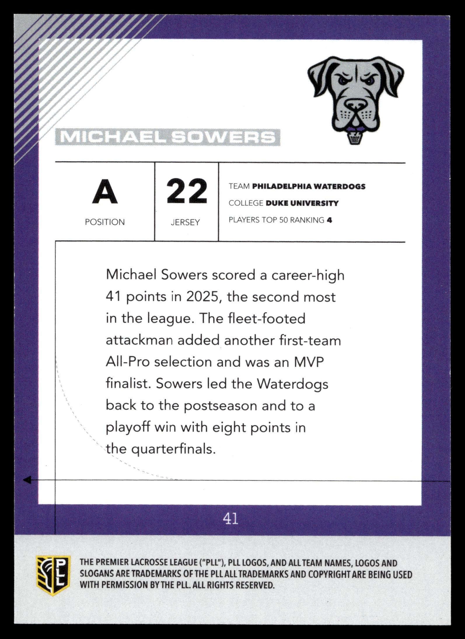 Michael Sowers 2026 PLL Fieldside II Philadelphia Waterdogs B&W 22/50 #41