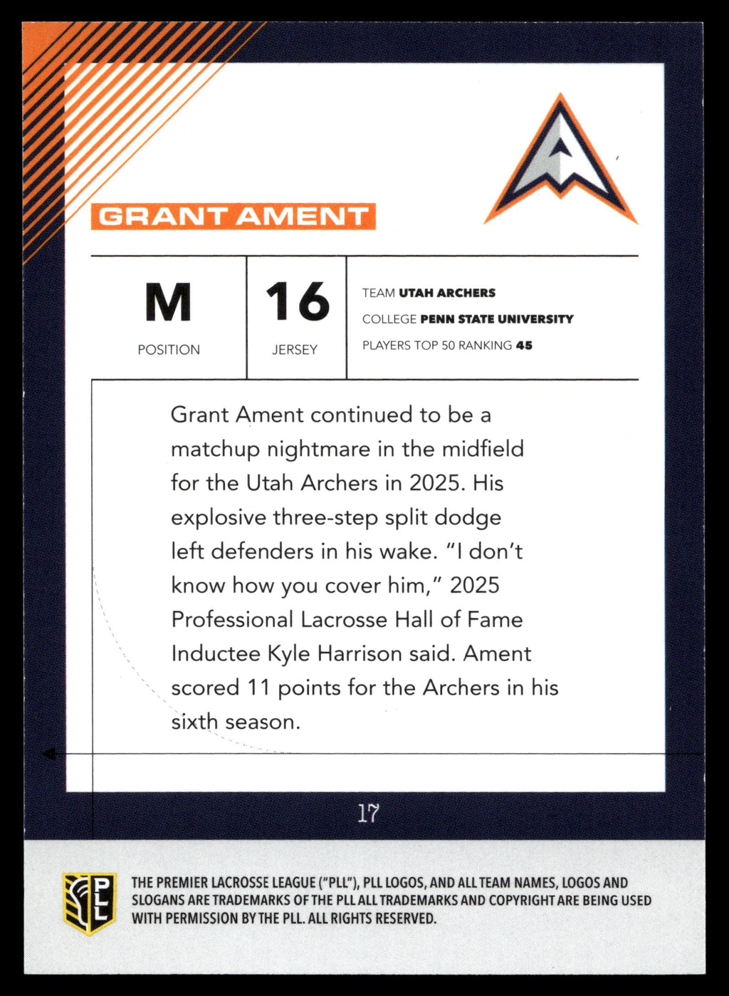 Grant Ament 2026 PLL Fieldside II Utah Archers Orange 23/50 #17