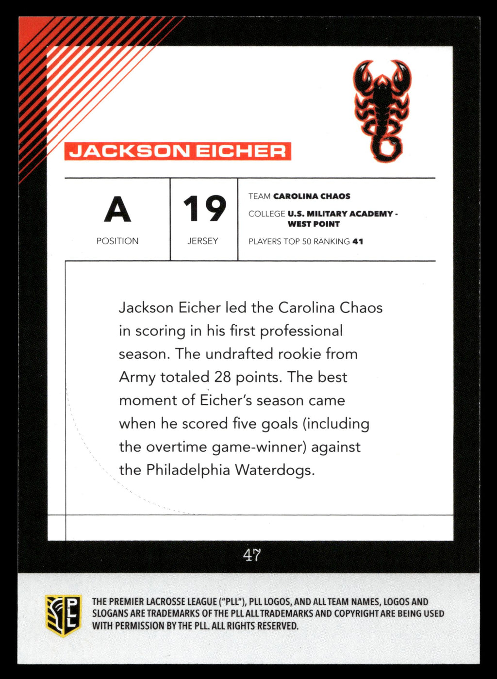 Jackson Eicher 2026 PLL Fieldside II Carolina Chaos Orange 18/50 #47