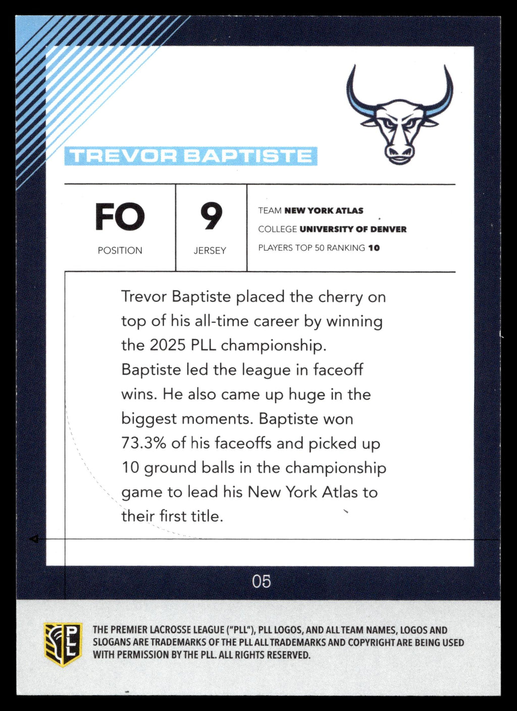 Trevor Baptiste 2026 PLL Fieldside II New York Atlas Blue 31/99 #05