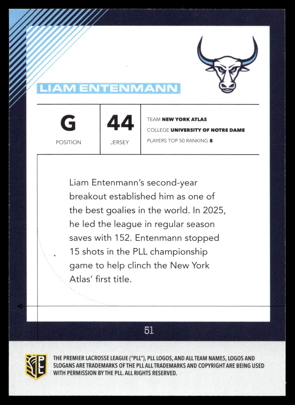 Liam Entenmann 2026 PLL Fieldside II New York Atlas Blue 91/99 #51