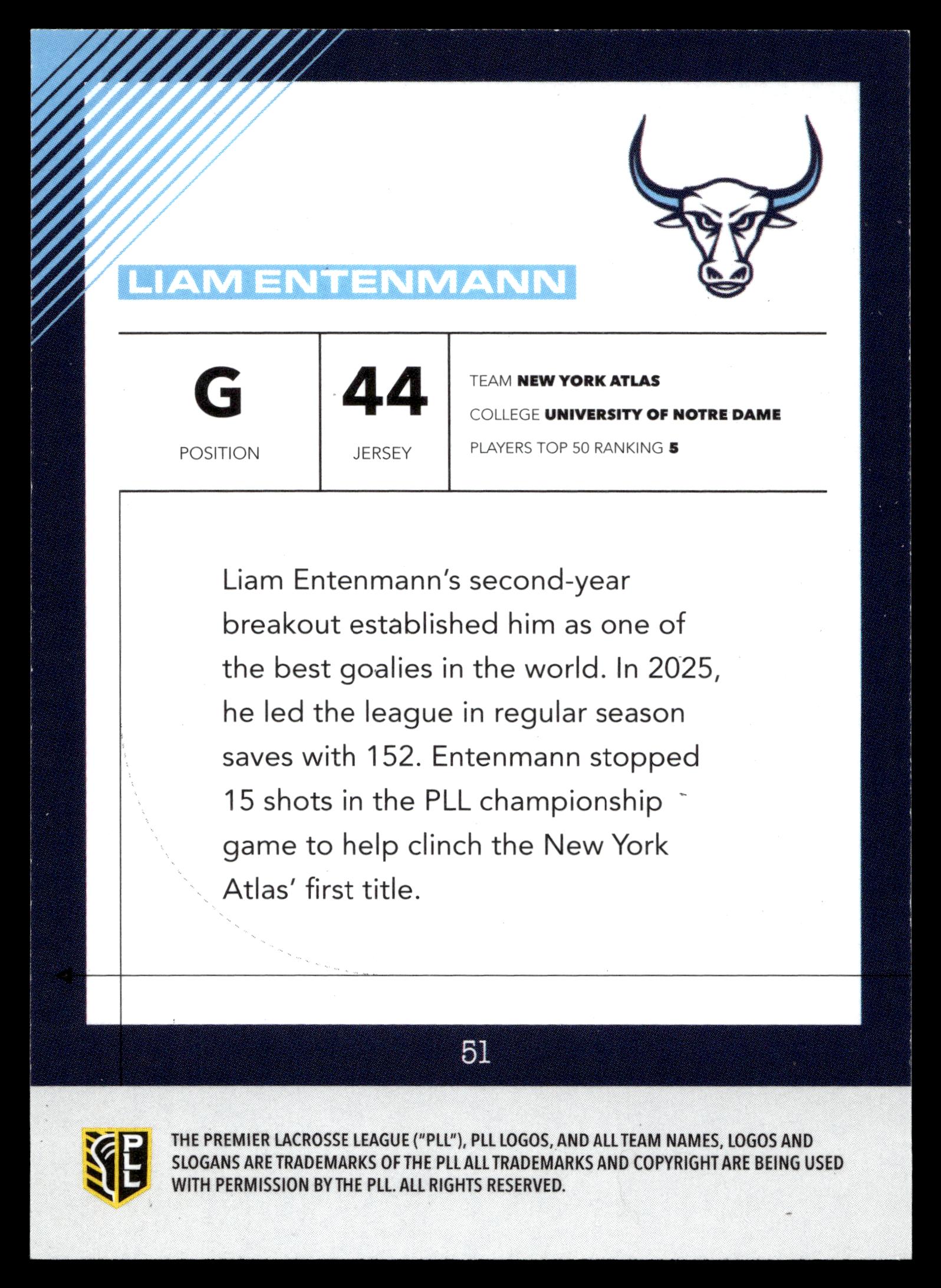 Liam Entenmann 2026 PLL Fieldside II New York Atlas Blue 50/99 #51